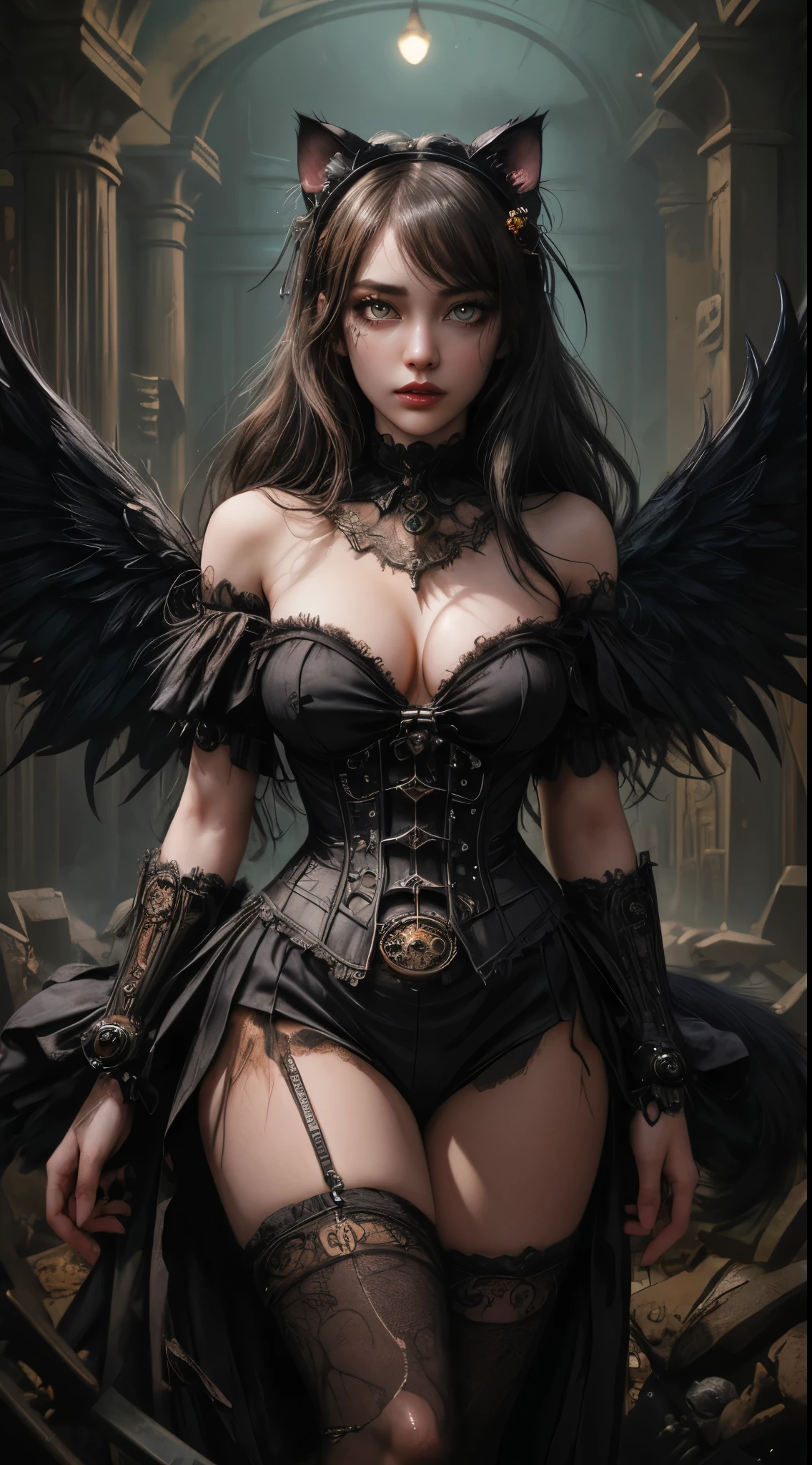Machine doll girl, very cute and very adorable, (((very super realistic))), (((very realistic and accurate eye))), (((Victorian rococo Deteriorated and Decayed and rusted, clothes torn to shreds, metal rusting, Gothic and Lolita, off the shoulder, Very excessive steampunk))), (((intricate mechanical wings))), (((decadent surrealism))), 14 years old, very short bob with bangs, Deteriorated and Jet black without luster hair, Lace and ruffle flared pleated mini skirt, skeleton body, iridescent luminosity, background detail, organic, neon tube linkage. Special enchantment, special magic, ((very dark dramatic cinematic lighting, very dark ruins, deep depth of field))), (((very large slanted big eye, Big black cat eyes, Very dark eyes with no light))), long eyelashes, thin nose, small mouth, glossy beige lips, thin chin, clear white glossy skin, slender body.