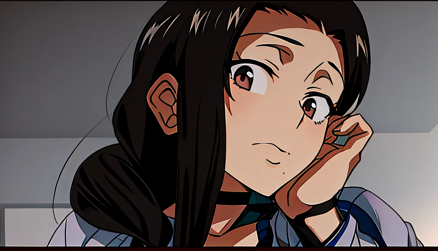 Anime girl with long black hair and a choker looking at the camera, she looks far away, nagatoro, Hinata Hyuga, cute girl anime visual, she has a cute expressive face, nezuko-chan, Black-haired Sui Ishida, nezuko, in an animated movie, perfect anime face, 2 0 1 9 anime screenshots、brown eyes、simple white background