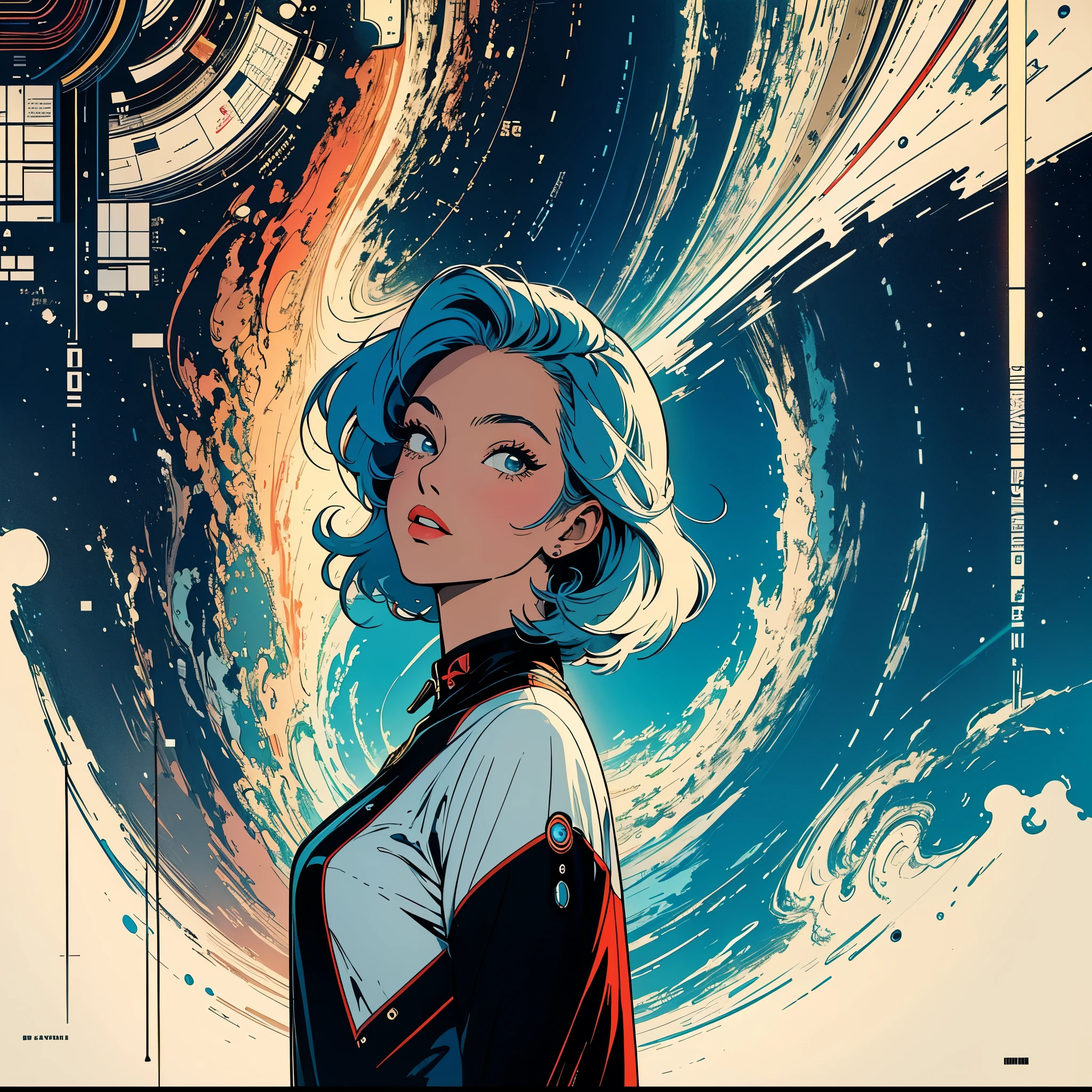 (masterpiece, highest quality), 32k,(A very detailed beautiful woman), poster,science fiction,1960s,1970s,bauhaus, shape, OK, abstract, propaganda,movie poster, vintage,retro,futuristic,anime,ultimate map,Perfect rainbow,highlight,angle from below,amazing hair,