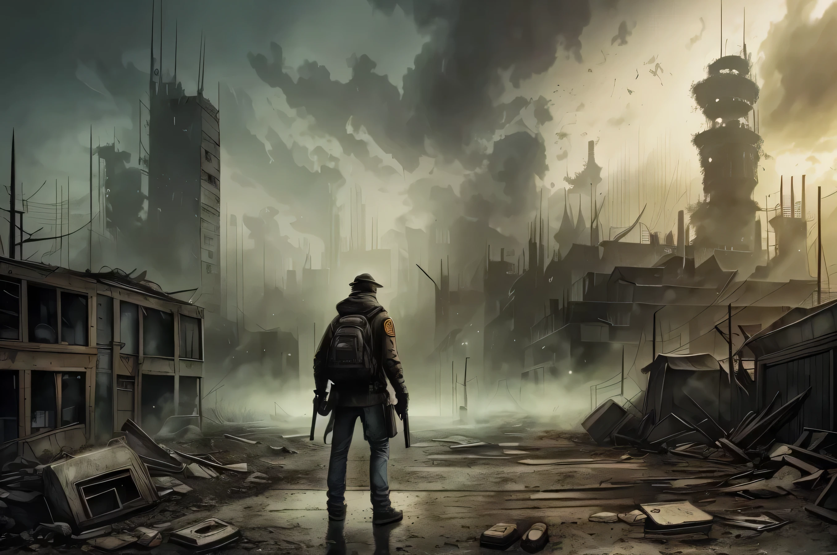 a deserted street, Dense fog, Abandoned buildings, weird atmosphere, dim street lights, wet road, Hazy shadows, mysterious atmosphere, unforgettably beautiful, movie scene, urban loneliness, surreal atmosphere, A post-apocalyptic landscape, ghostly figure, quiet emptiness, Hidden secrets, black aesthetics, pastel colors, mood lighting