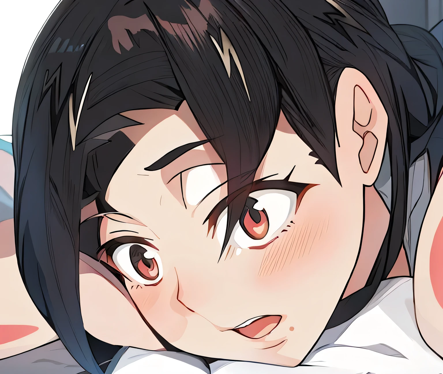 Anime image of a black-haired woman lying on the bed, nagatoro, perfect anime face, Close up of young anime girl, Ilya Kuvshinov&#39;face, Hinata Hyuga, Black-haired Sui Ishida, close!!!!!!, she has a cute expressive face, ( ( ( yoshinari yoh ) ) ), cel shaded anime、Her beautiful brown eyes are slightly hidden by her hair.、I can see your forehead