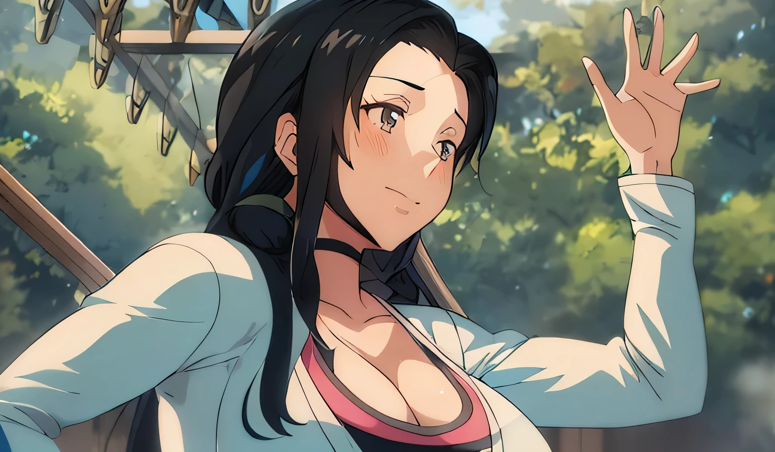 Anime girl with long black hair and blue cleavage poses for a photo, Anime visual of a young woman, nagatoro, in an animated movie, official anime still, anime female characters, Nico Robin, 2012 anime screenshots, Ace Lawyer Maya Fey, mayuri shiina, anime still, SPY×FAMILY アーニャ, This is a continuation of the TV anime.、Light blue jacket、beautiful brown eyes