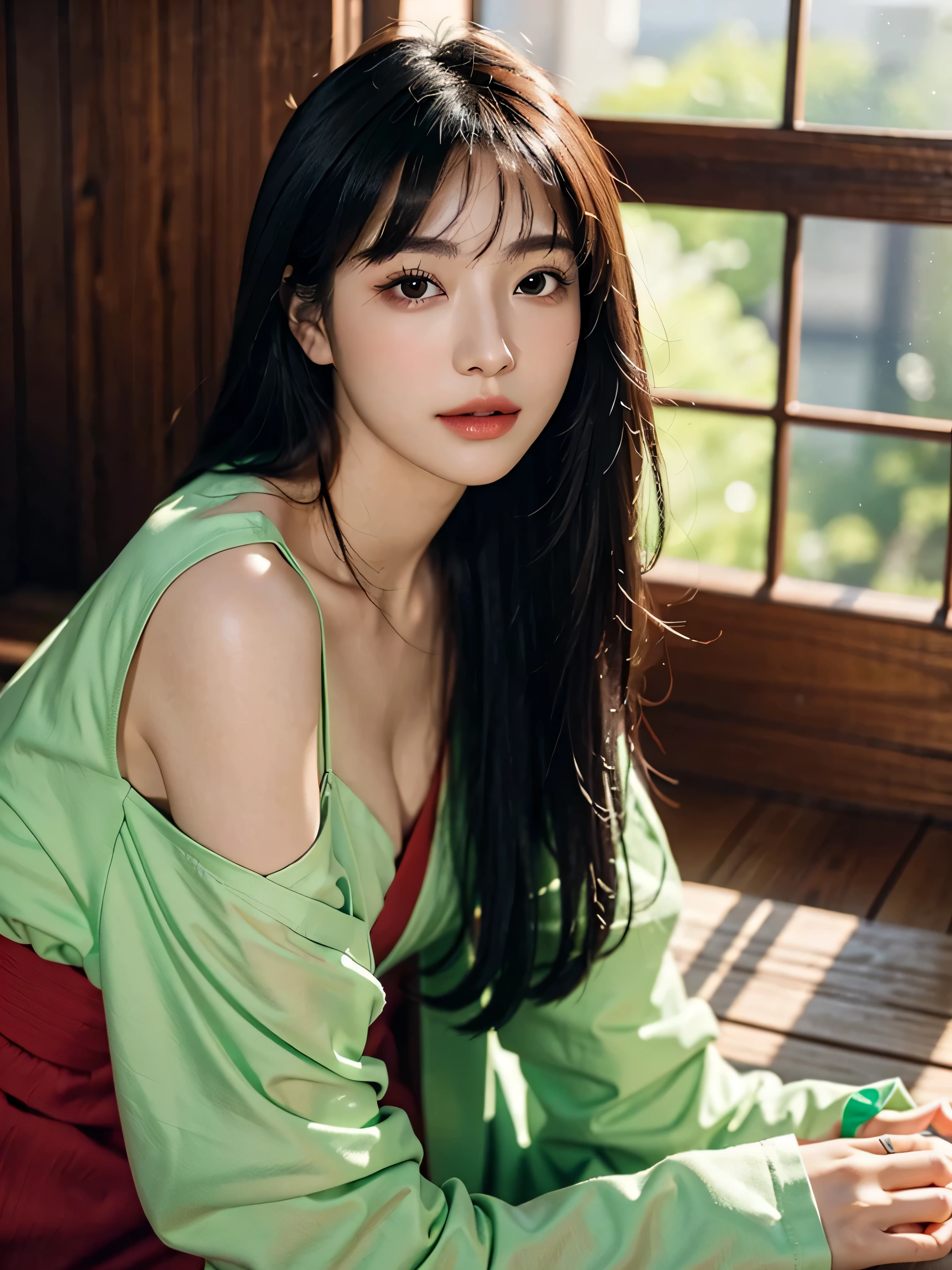 masterpiece、best image quality、high quality、Beautiful woman、Japanese、popular korean makeup、detailed、swollen eyes、detailed eyes、detailed skin、beautiful skin、超High resolution、(reality:1.4)、very beautiful、slightly younger face、beautiful skin、slender、(Super realistic)、(An illustration)、(High resolution)、(8K)、(very detailed)(The best illustration)、(Beautifully detailed eyes)、(super detailed)、(wallpaper)、(detailed face)、look at the audience、fine details、 detailed face、pureerosfaceace_v1、smile、look straight ahead、look straight ahead、Angle from the waist up、realistic pictures、bright lighting、professional lighting、black hair(part of hair is green)、long hair、dark ruins、big red moon、gorgeous red and black dresature woman、long and stylish bangs、