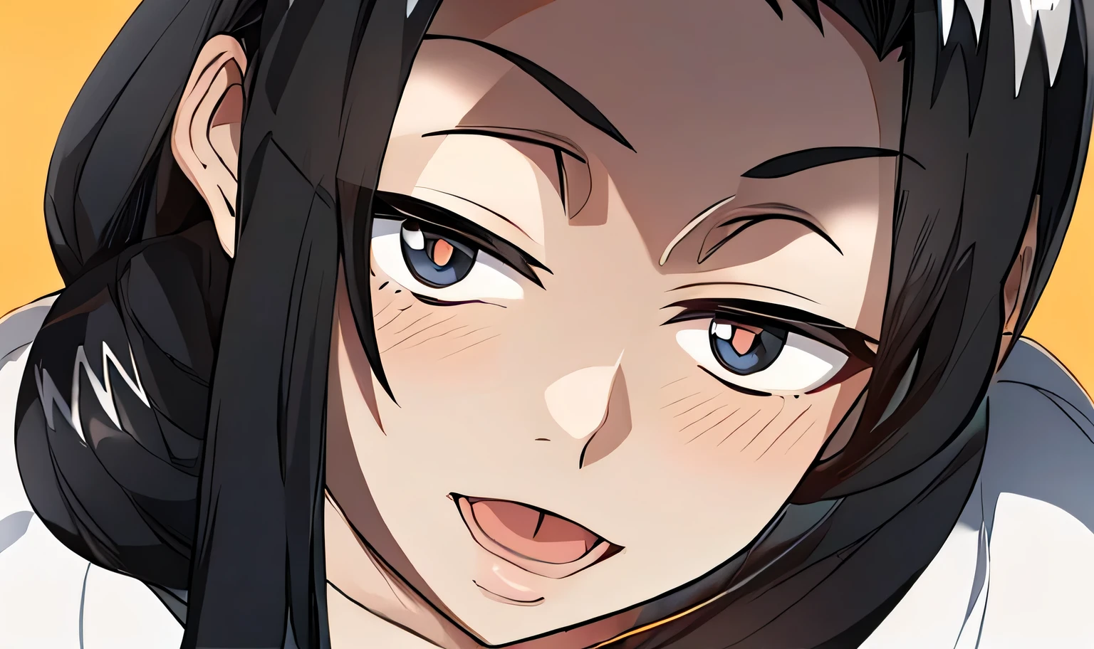 a close up of a woman with long black hair and a white shirt, perfect anime face, nagatoro, Hinata Hyuga, nezuko-chan, mayuri shiina, Close up of young anime girl, nezuko, Ahegao, eat and drink, mayuri shiina&#39;portrait of, cute anime face, Looks a little happy、brown eyes、I can see your forehead、Fair skin