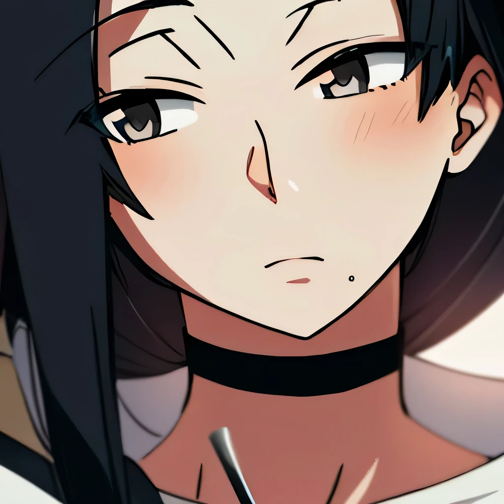 Anime girl with long black hair and chalk on her neck, Close up of young anime girl, eat and drink, anime female characters, seductive anime girl, perfect anime face, Hinata Hyuga, ティファ・ロックハートportrait of, nezuko, mayuri shiina, mayuri shiina&#39;portrait of, Black-haired Sui Ishida、brown eyes