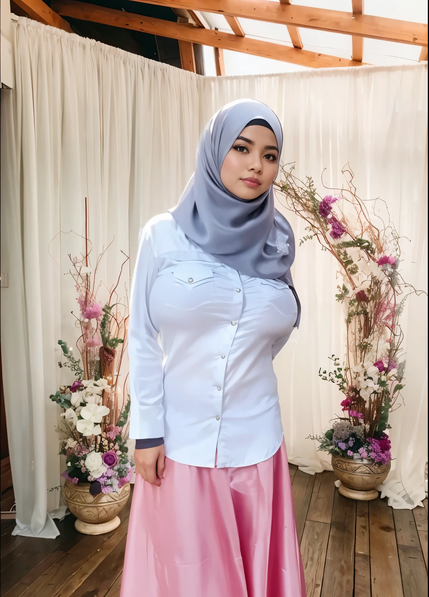 RAW, Best quality, high resolution, masterpiece: 1.3), beautiful Malay woman in hijab (iu:0.8),Best quality, high resolution, Masterpiece: 1.3, Beautiful hijabi malay girl, Masterpiece, Soft smile,Beautiful Malay women wear Masterpiece, Best Quality, photography, Portrait, Realism, highly detailed, full length frame, High detail RAW color art, diffused soft lighting, shallow depth of field, sharp focus, hyperrealisma, a woman, beautifully, big eyes, big breast, Parted Lips, Challenge Eye, beautiful big eyes, long eye lashes, wearing ((gray satin headscarf)), loosely tide hijab style, ((brown satin shirt)), satin long maxi skirt, long blazer, high cut boots, walking on street, Eiffel tower view
