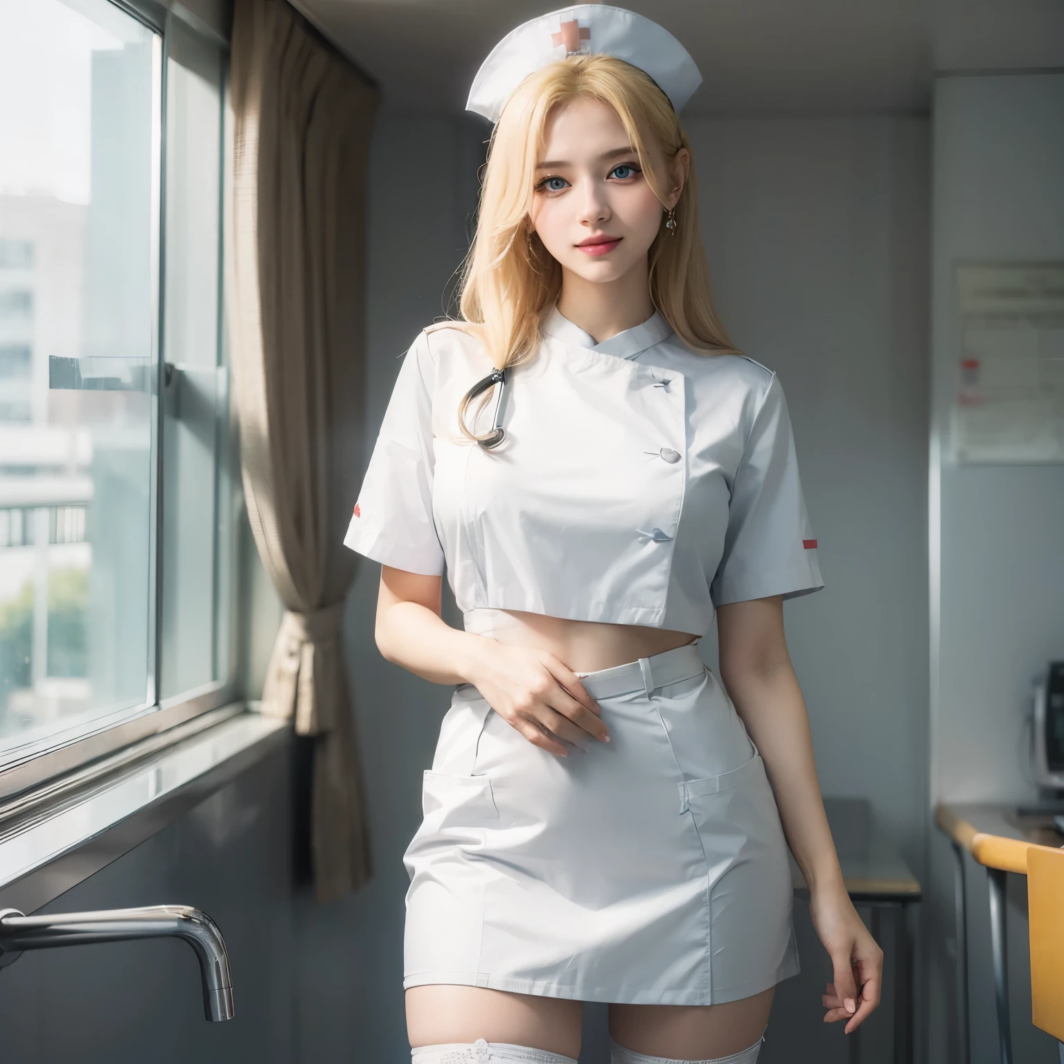 1girl, (Blue Eyes), (smiling), (Sana Minatozaki), wide hips, Big tits, big ass, (Best Quality, 8k, Masterpiece: 1.3), Clear Focus: 1.2, Perfect Body Beauty: 1.4, strong abs :1.2, Highly detailed face and skin texture, detailed eyes, double eyelids, (blond long hair), nurse, (white nurse uniform :1.3), high stocking, standing, dynamic pose, in a hospital room, blurred background