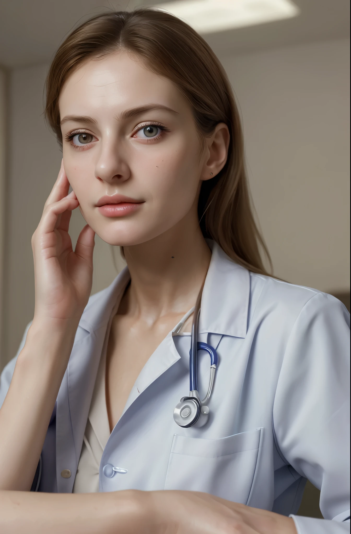 masterpiece, best quality, extremely detailed, hyperrealistic, photorealistic, a beautiful french doctor, doctor uniform, one hand up, elbows on table, placing her hand on her cheek, hospital:1.1, ultra detailed face