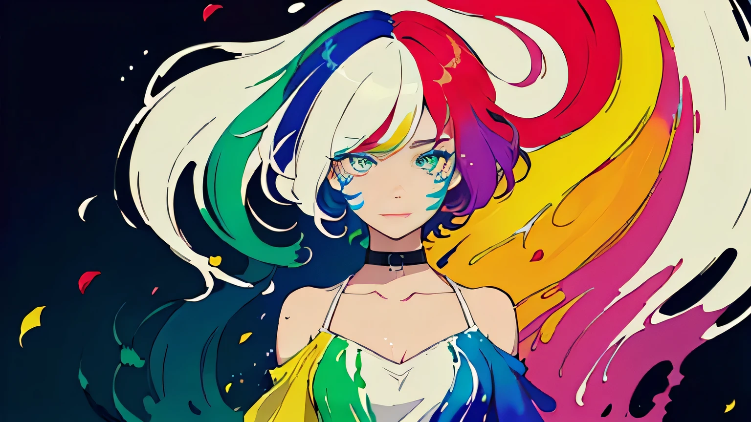 (Colorful hair: 1.8), (all colors of the rainbow: 1.8),(((((Vertical painting:1.6))), (Painting:1.6),Front, Comics, Illustrations, painting of a, largeeyes, Crystal clear eyes,( rainbow color gradient high ponytail:1.7), Exquisite makeup, smile face,(Small Fresh: 1.5),(Wipe Chest: 1.6) ,Long eyelashes, white off-the-shoulder T-shirt, White Shoulder Shirt,staring towards the viewer, watery big eyes, (Rainbow-colored hair:1.6), colored splashing, (Solo:1.8), colored splashing, Color explosion, Thick Paint Style, Messy lines, ((Shining)),(Colorful), (Colorful), (Colorful), Colorful, Thick Paint Style, (Splash) (colored splashing), Vertical painting, Upper body, Paint splashes, Acrylic Pigment, Gradient, Paint, Highest image quality, Highest quality, masutepiece, Solo, depth of fields, facepaint, multicolored clothing, (elegant: 1.2), Gorgeous,Long hair, Wind, (elegant: 1.3), (Flower petals: 1.4),(((masutepiece))),(((Best quality))),((Ultra-detailed)),(illustration),(Dynamic Angle),((Floating)),(Paint),((Disheveled hair)),(Solo),(1girl in) , (((Detailed anima face))),((beautifull detailed face)),Collar,Bare shoulders,White hair, ((Colorful hair)),((striated hair)),Beautiful detailed eyes,(Gradient color eyes),(((Colorful eyes))),(((Colorful background))),(((High color saturation))),(((Surrounded by colorful splashes))), big breast