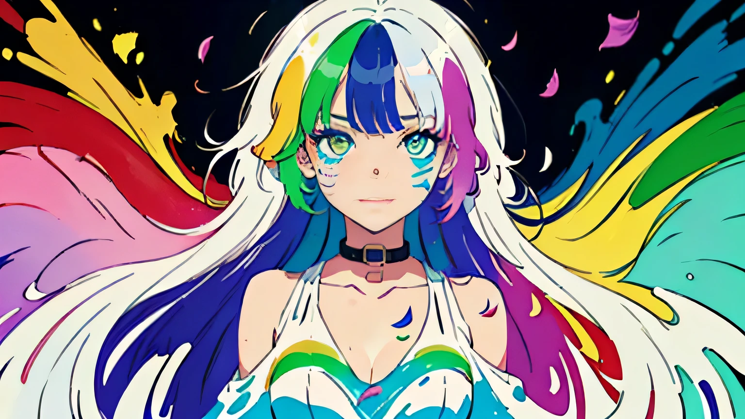 (Colorful hair: 1.8), (all colors of the rainbow: 1.8),(((((Vertical painting:1.6))), (Painting:1.6),Front, Comics, Illustrations, painting of a, largeeyes, Crystal clear eyes,( rainbow color gradient high ponytail:1.7), Exquisite makeup, smile face,(Small Fresh: 1.5),(Wipe Chest: 1.6) ,Long eyelashes, white off-the-shoulder T-shirt, White Shoulder Shirt,staring towards the viewer, watery big eyes, (Rainbow-colored hair:1.6), colored splashing, (Solo:1.8), colored splashing, Color explosion, Thick Paint Style, Messy lines, ((Shining)),(Colorful), (Colorful), (Colorful), Colorful, Thick Paint Style, (Splash) (colored splashing), Vertical painting, Upper body, Paint splashes, Acrylic Pigment, Gradient, Paint, Highest image quality, Highest quality, masutepiece, Solo, depth of fields, facepaint, multicolored clothing, (elegant: 1.2), Gorgeous,Long hair, Wind, (elegant: 1.3), (Flower petals: 1.4),(((masutepiece))),(((Best quality))),((Ultra-detailed)),(illustration),(Dynamic Angle),((Floating)),(Paint),((Disheveled hair)),(Solo),(1girl in) , (((Detailed anima face))),((beautifull detailed face)),Collar,Bare shoulders,White hair, ((Colorful hair)),((striated hair)),Beautiful detailed eyes,(Gradient color eyes),(((Colorful eyes))),(((Colorful background))),(((High color saturation))),(((Surrounded by colorful splashes))), big breast