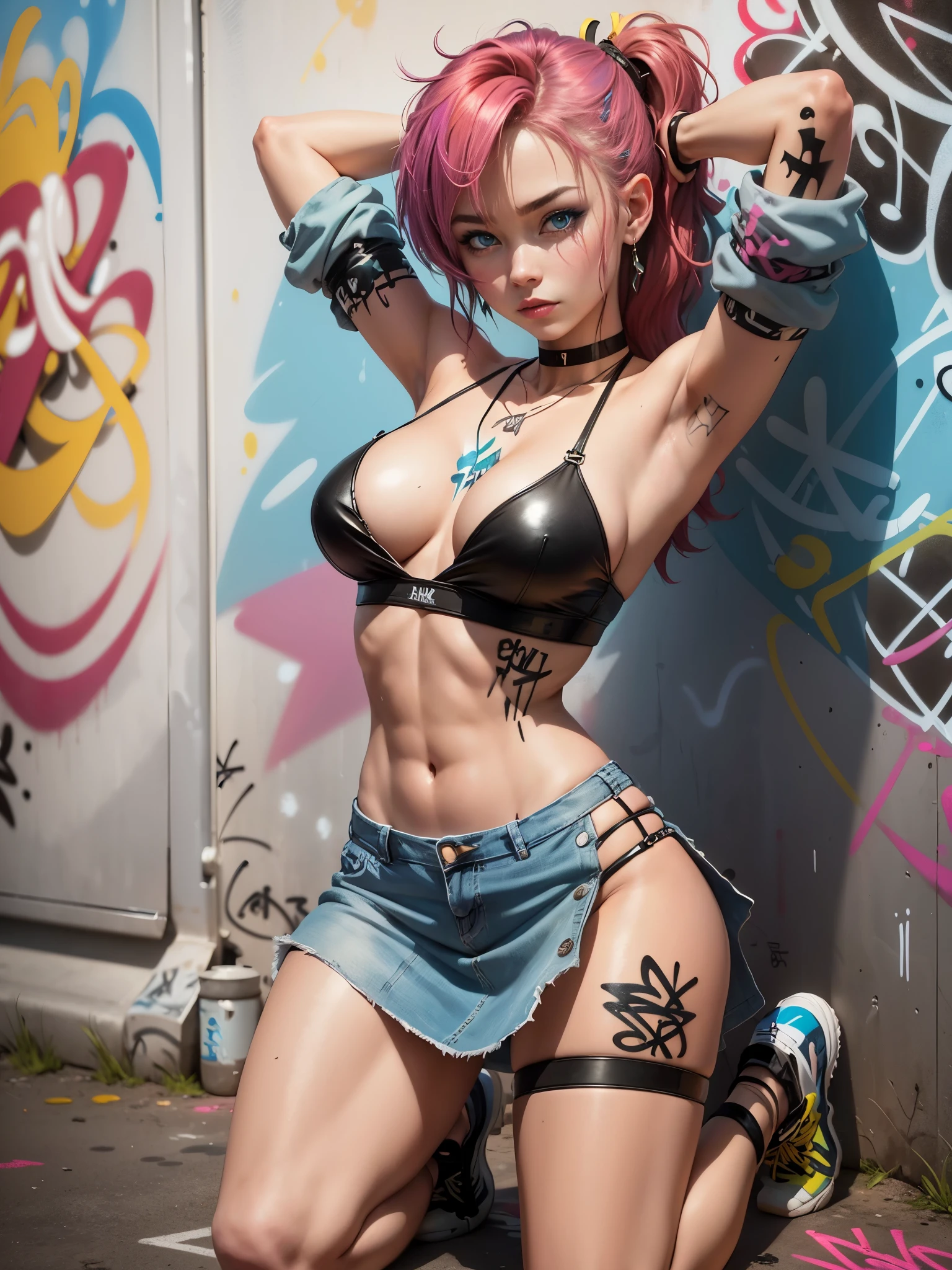 Masterpiece, best quality, realistic, 1 girl, solo, crop top, short plaid skirt, lace thong, necklace, choker, (graffiti:1.5), perfect sexy body, kneeling, spreading legs, great breasts, arms over head, against a wall, looking at the audience, armbands, thigh straps, paint on body, head tilt, boredom, multicolored hair, aqua eyes