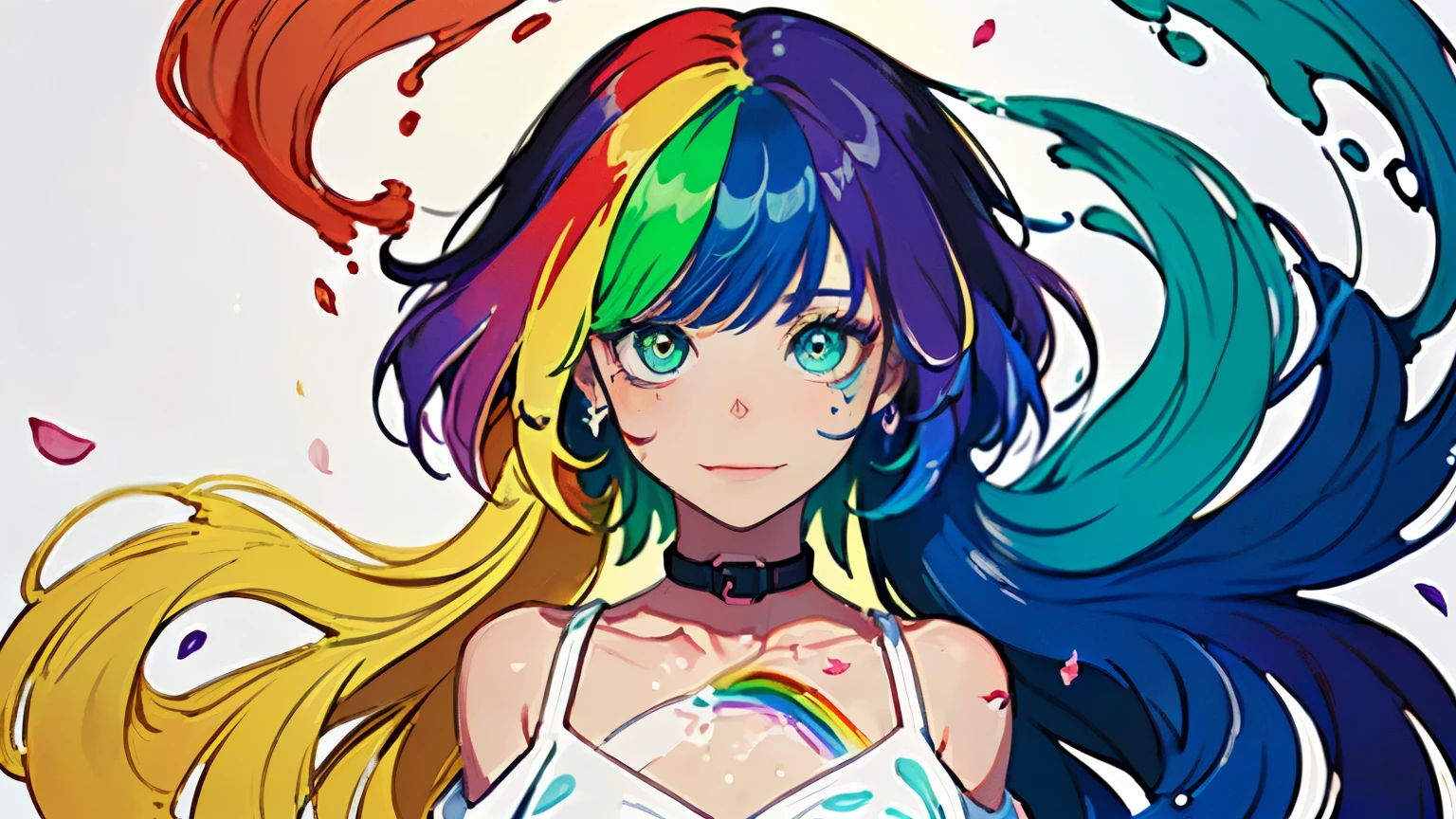 (Colorful hair: 1.8), (all colors of the rainbow: 1.8),(((((Vertical painting：1.6))), （Painting：1.6），Front, Comics, Illustrations, painting of a, largeeyes, Crystal clear eyes,（ rainbow color gradient high ponytail：1.7）, Exquisite makeup, smile face,(Small Fresh: 1.5),(Wipe Chest: 1.6) ，Long eyelashes, white off-the-shoulder T-shirt, White Shoulder Shirt，staring towards the viewer, watery big eyes, (Rainbow-colored hair：1.6), colored splashing, （Solo：1.8）, colored splashing, Color explosion, Thick Paint Style, Messy lines, ((Shining))，(Colorful), (Colorful), (Colorful), Colorful, Thick Paint Style, (Splash) (colored splashing), Vertical painting, Upper body, Paint splashes, Acrylic Pigment, Gradient, Paint, Highest image quality, Highest quality, masutepiece, Solo, depth of fields, facepaint, multicolored clothing, (elegant: 1.2), Gorgeous,Long hair, Wind, (elegant: 1.3), (Flower petals: 1.4)，(((masutepiece))),(((Best quality))),((Ultra-detailed)),(illustration),(Dynamic Angle),((Floating)),(Paint),((Disheveled hair)),(Solo),(1girl in) , (((Detailed anima face))),((beautifull detailed face)),Collar,Bare shoulders,White hair, ((Colorful hair)),((striated hair)),Beautiful detailed eyes,(Gradient color eyes),(((Colorful eyes))),(((Colorful background))),(((High color saturation))),(((Surrounded by colorful splashes))), big breast