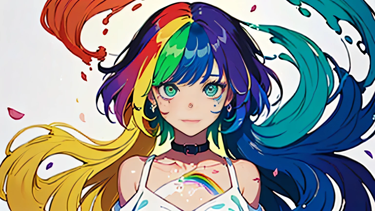 (Colorful hair: 1.8), (all colors of the rainbow: 1.8),(((((Vertical painting：1.6))), （Painting：1.6），Front, Comics, Illustrations, painting of a, largeeyes, Crystal clear eyes,（ rainbow color gradient high ponytail：1.7）, Exquisite makeup, smile face,(Small Fresh: 1.5),(Wipe Chest: 1.6) ，Long eyelashes, white off-the-shoulder T-shirt, White Shoulder Shirt，staring towards the viewer, watery big eyes, (Rainbow-colored hair：1.6), colored splashing, （Solo：1.8）, colored splashing, Color explosion, Thick Paint Style, Messy lines, ((Shining))，(Colorful), (Colorful), (Colorful), Colorful, Thick Paint Style, (Splash) (colored splashing), Vertical painting, Upper body, Paint splashes, Acrylic Pigment, Gradient, Paint, Highest image quality, Highest quality, masutepiece, Solo, depth of fields, facepaint, multicolored clothing, (elegant: 1.2), Gorgeous,Long hair, Wind, (elegant: 1.3), (Flower petals: 1.4)，(((masutepiece))),(((Best quality))),((Ultra-detailed)),(illustration),(Dynamic Angle),((Floating)),(Paint),((Disheveled hair)),(Solo),(1girl in) , (((Detailed anima face))),((beautifull detailed face)),Collar,Bare shoulders,White hair, ((Colorful hair)),((striated hair)),Beautiful detailed eyes,(Gradient color eyes),(((Colorful eyes))),(((Colorful background))),(((High color saturation))),(((Surrounded by colorful splashes))), big breast