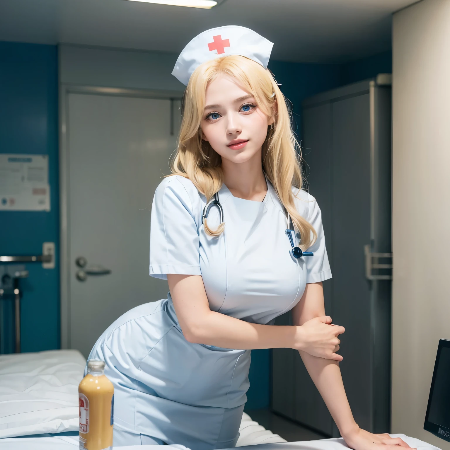 1girl, (Blue Eyes), (smiling), (Sana Minatozaki), wide hips, Big tits, big ass, (Best Quality, 8k, Masterpiece: 1.3), Clear Focus: 1.2, Perfect Body Beauty: 1.4, strong abs :1.2, Highly detailed face and skin texture, detailed eyes, double eyelids, (blond long hair), nurse, white nurse uniform, high stocking, standing, dynamic pose, in a hospital room, blurred background