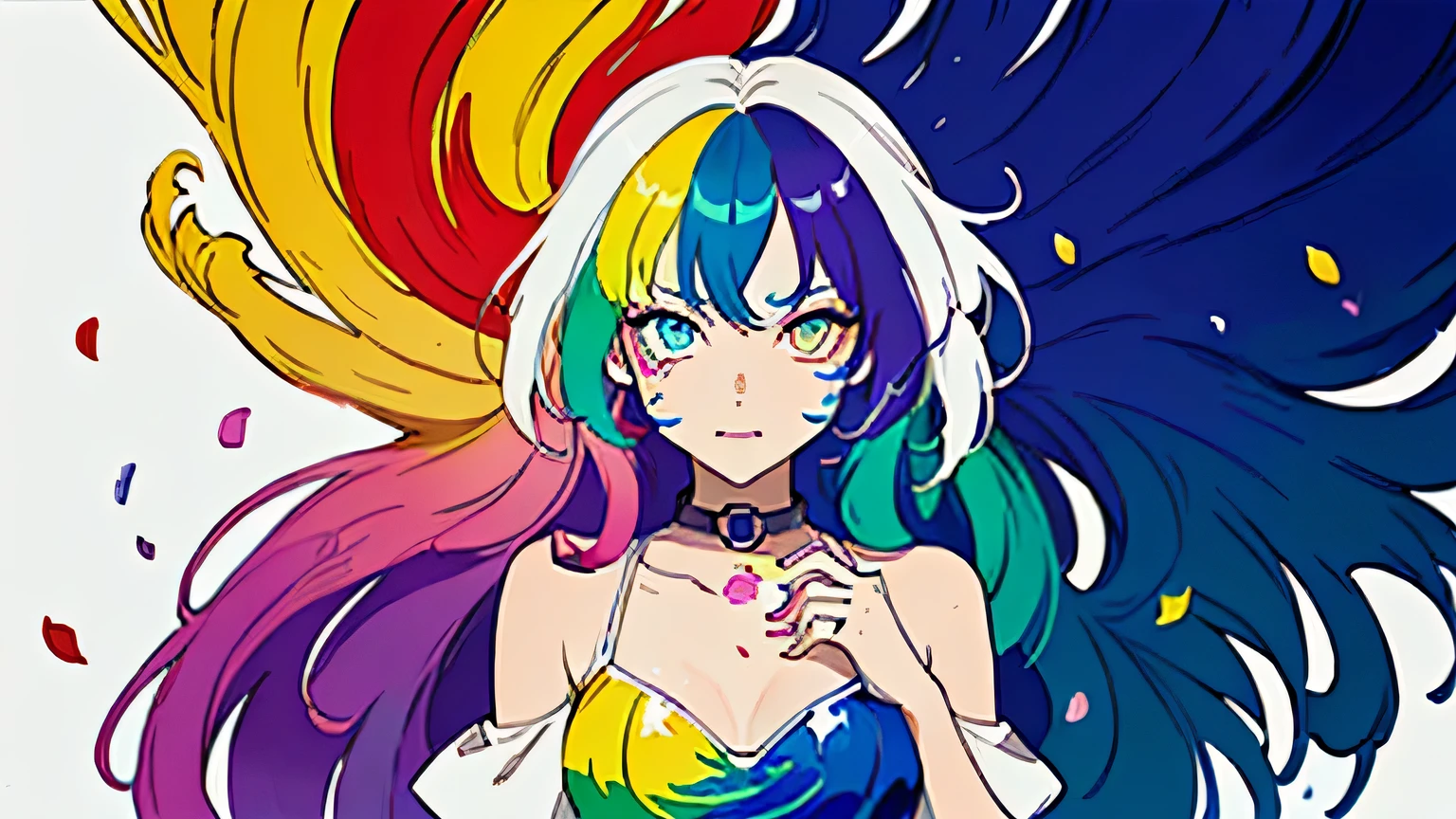 (Colorful hair: 1.8), (all colors of the rainbow: 1.8),(((((Vertical painting:1.6))), (Painting:1.6),Front, Comics, Illustrations, painting of a, largeeyes, Crystal clear eyes,( rainbow color gradient high ponytail:1.7), Exquisite makeup, smile face,(Small Fresh: 1.5),(Wipe Chest: 1.6) ,Long eyelashes, white off-the-shoulder T-shirt, White Shoulder Shirt,staring towards the viewer, watery big eyes, (Rainbow-colored hair:1.6), colored splashing, (Solo:1.8), colored splashing, Color explosion, Thick Paint Style, Messy lines, ((Shining)),(Colorful), (Colorful), (Colorful), Colorful, Thick Paint Style, (Splash) (colored splashing), Vertical painting, Upper body, Paint splashes, Acrylic Pigment, Gradient, Paint, Highest image quality, Highest quality, masutepiece, Solo, depth of fields, facepaint, multicolored clothing, (elegant: 1.2), Gorgeous,Long hair, Wind, (elegant: 1.3), (Flower petals: 1.4),(((masutepiece))),(((Best quality))),((Ultra-detailed)),(illustration),(Dynamic Angle),((Floating)),(Paint),((Disheveled hair)),(Solo),(1girl in) , (((Detailed anima face))),((beautifull detailed face)),Collar,Bare shoulders,White hair, ((Colorful hair)),((striated hair)),Beautiful detailed eyes,(Gradient color eyes),(((Colorful eyes))),(((Colorful background))),(((High color saturation))),(((Surrounded by colorful splashes))), big breast