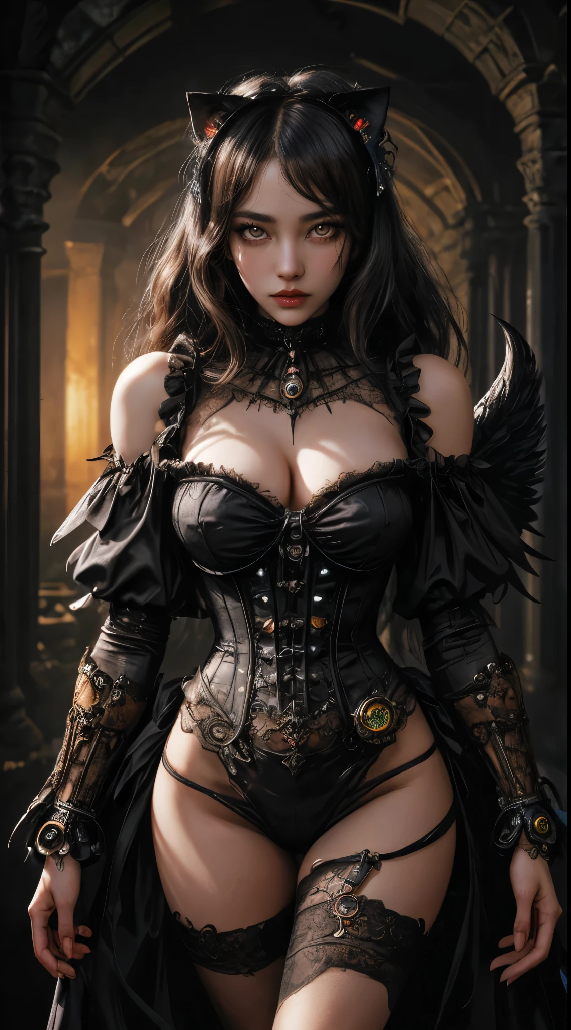 Machine doll girl, very cute and very adorable, (((very super realistic))), (((very realistic and accurate eye))), (((Victorian rococo Deteriorated and Decayed and rusted, clothes torn to shreds, metal rusting, Gothic and Lolita, off the shoulder, Very excessive steampunk))), (((intricate mechanical wings))), (((decadent surrealism))), 14 years old, very short bob with bangs, Deteriorated and Jet black without luster hair, Lace and ruffle flared pleated mini skirt, skeleton body, iridescent luminosity, background detail, organic, neon tube linkage. Special enchantment, special magic, ((very dark dramatic cinematic lighting, very dark ruins, deep depth of field))), (((very large slanted big eye, Big black cat eyes, Very dark eyes with no light))), long eyelashes, thin nose, small mouth, glossy beige lips, thin chin, clear white glossy skin, slender body.
