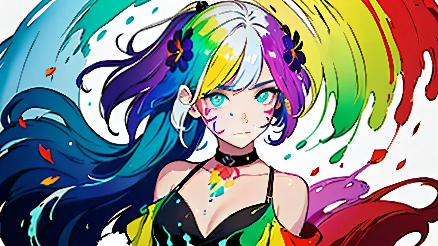 (Colorful hair: 1.8), (all colors of the rainbow: 1.8),(((((Vertical painting:1.6))), (Painting:1.6),Front, Comics, Illustrations, painting of a, largeeyes, Crystal clear eyes,( rainbow color gradient high ponytail:1.7), Exquisite makeup, smile face,(Small Fresh: 1.5),(Wipe Chest: 1.6) ,Long eyelashes, white off-the-shoulder T-shirt, White Shoulder Shirt,staring towards the viewer, watery big eyes, (Rainbow-colored hair:1.6), colored splashing, (Solo:1.8), colored splashing, Color explosion, Thick Paint Style, Messy lines, ((Shining)),(Colorful), (Colorful), (Colorful), Colorful, Thick Paint Style, (Splash) (colored splashing), Vertical painting, Upper body, Paint splashes, Acrylic Pigment, Gradient, Paint, Highest image quality, Highest quality, masutepiece, Solo, depth of fields, facepaint, multicolored clothing, (elegant: 1.2), Gorgeous,Long hair, Wind, (elegant: 1.3), (Flower petals: 1.4),(((masutepiece))),(((Best quality))),((Ultra-detailed)),(illustration),(Dynamic Angle),((Floating)),(Paint),((Disheveled hair)),(Solo),(1girl in) , (((Detailed anima face))),((beautifull detailed face)),Collar,Bare shoulders,White hair, ((Colorful hair)),((striated hair)),Beautiful detailed eyes,(Gradient color eyes),(((Colorful eyes))),(((Colorful background))),(((High color saturation))),(((Surrounded by colorful splashes))), big breast