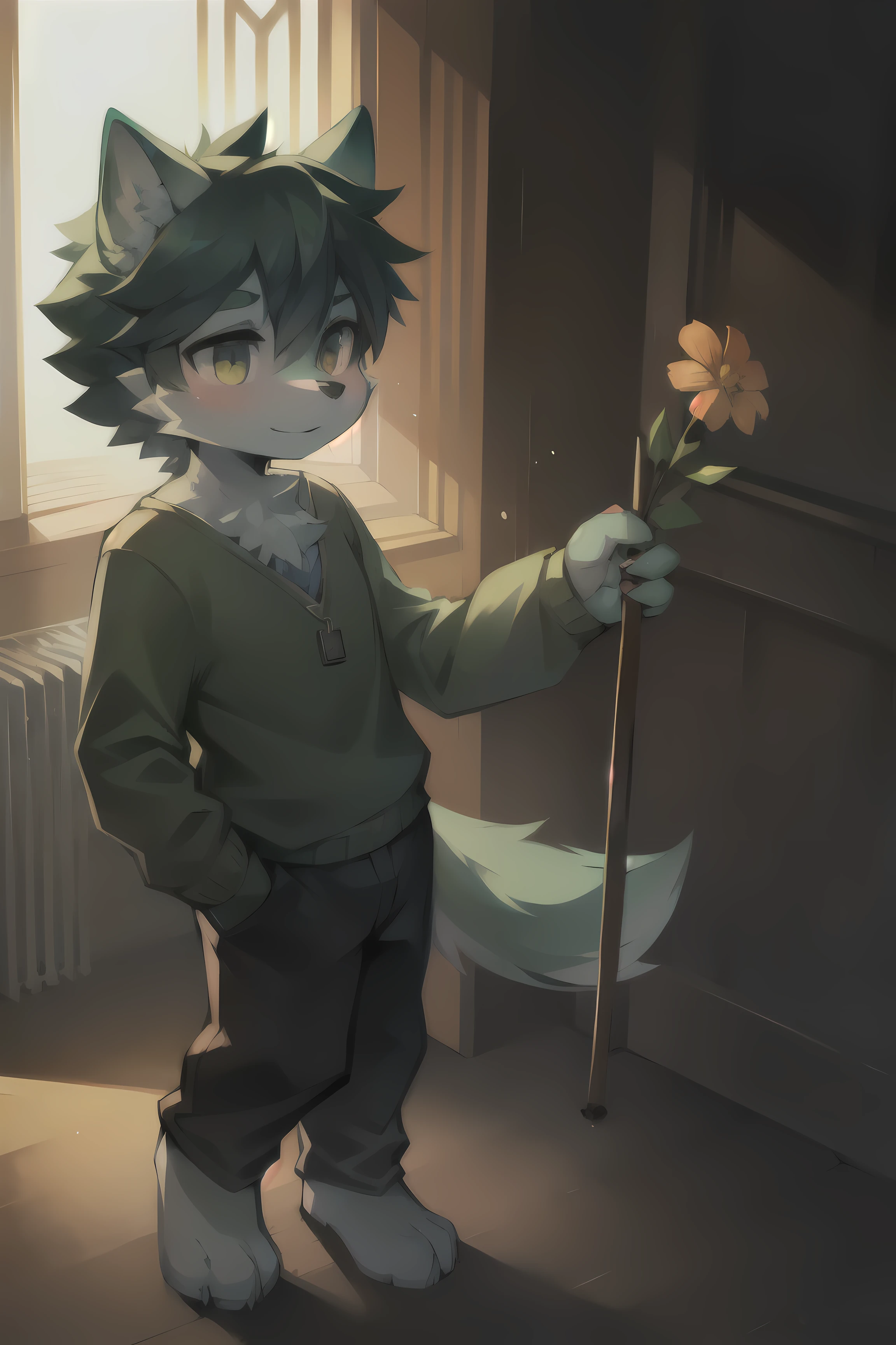 green furry wolf boy () good person, cute, holding a cane, hands, legs, short hair, bright colors, tail, clothes, pants, shirt, grass, sun, thin body, god