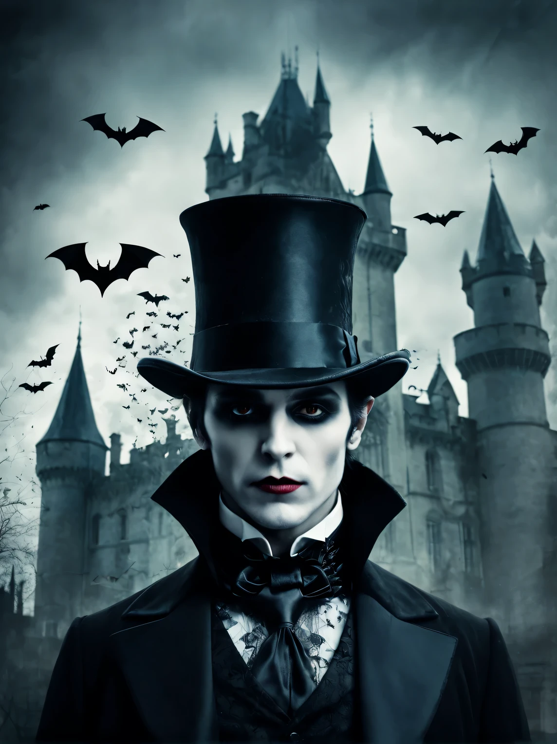 gothic aesthetics, double exposure photography, vampire in a top hat, bats and gothic castle, gloomy palette, High resolution 32K, A high resolution, (double exposure:1.3)