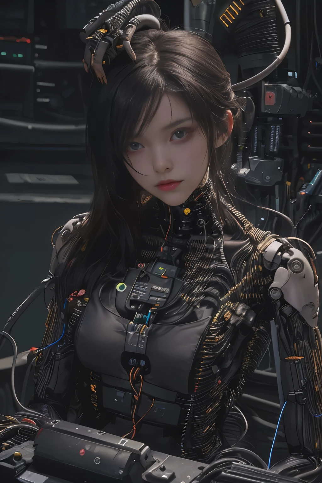 NSFW(((masutepiece))), (((Best Quality))), ((Ultra-detailed)), (extremely detailed photo), ((extremely delicate and beautiful)),(Cute delicate face),Cinematic Light,((1. Mechanical synth Zombie Girl)),Solo,Full body,(Machine-made joints:1.8),((machanical limbs)),(blood vessels connected to tubeechanical vertebra attaching to the back)),((mechanical cervial attaching to neck)),((Sitting)),deadpan,(Many wires and cables to attach to the head and body:1.6),(Character Focus),Science fiction,(beautiful face and eye, double eyelid,delicate skin,slender body shape)