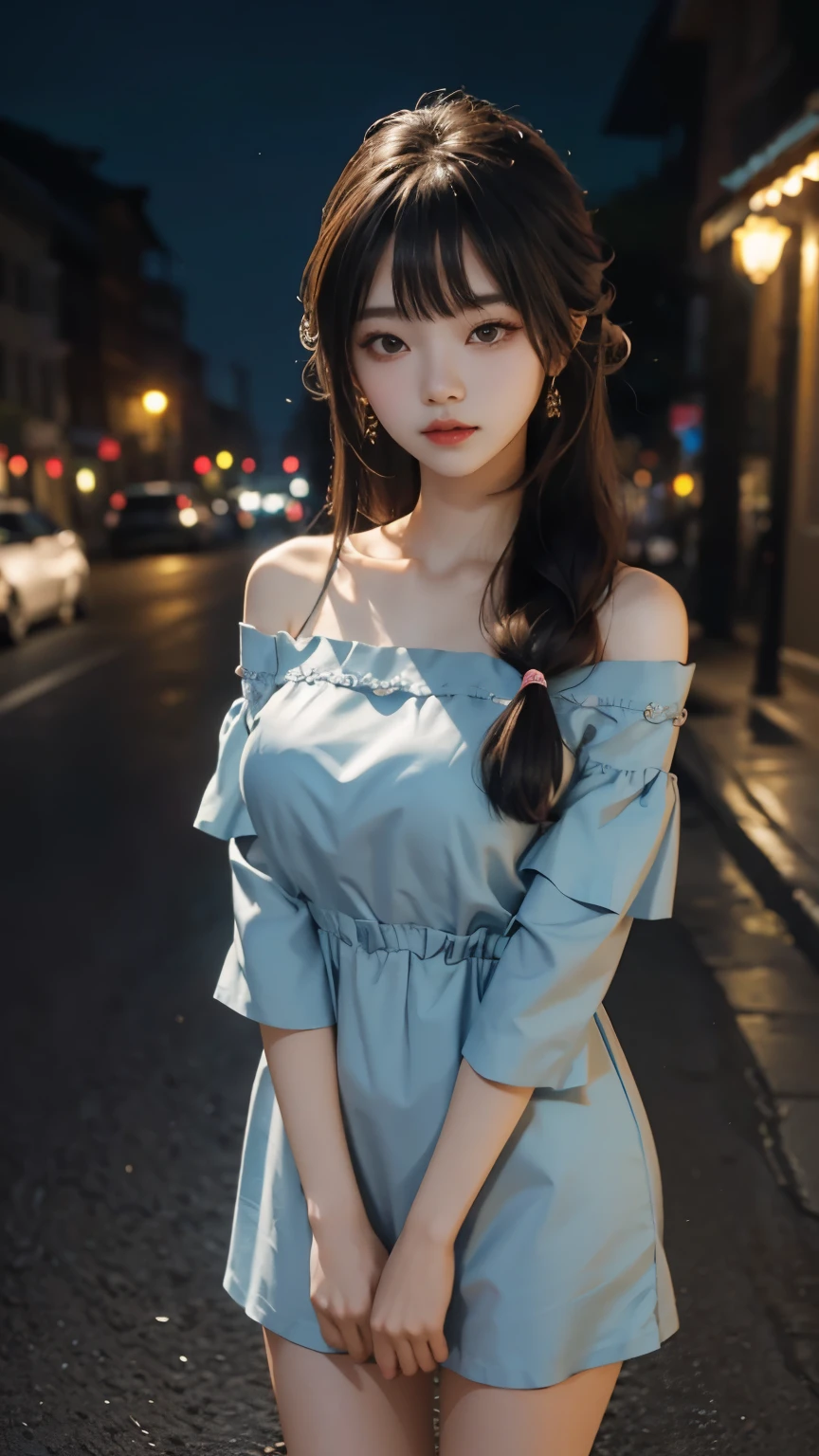 beautiful korean girl looks like 4D painting, 25 yo, (1 girl, standing) (front above view), straight parting hair, hair bang, hair pin, ideal tits, off shoulder simple dress, night, park background, vibrant colours, studio light, ultra detailed, gentle light, 3D animation