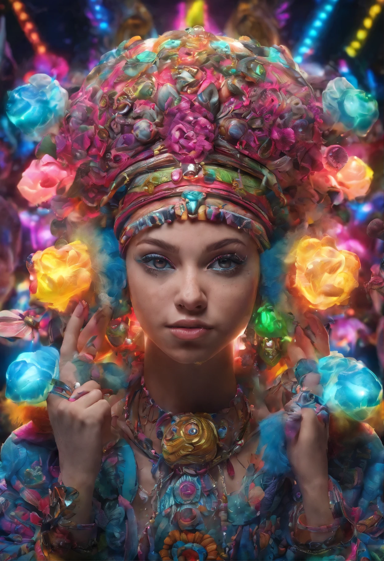 (chef-d'artwork, superior quality, best quality, art officiel, beautiful and aesthetic:1.2), (1fille:1.3), extremely detailed,(Art fractal:1.2),colored,The most detailed,( Neon zentangle:1.2), (pose dynamique), (Abstract neon:1.5), (robe traditionnelle:1.2), (peau brillante), (plein de couleurs:1.4), haut du corps ,Neon,16k,Full HD