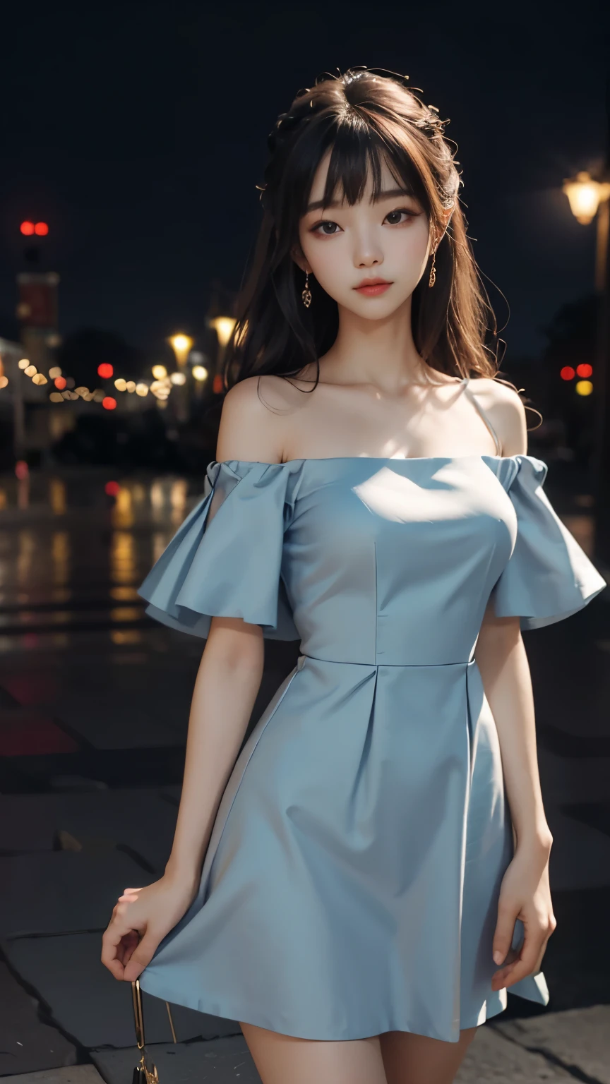 beautiful korean girl looks like 4D painting, 25 yo, (1 girl, standing) (front above view), straight parting hair, hair bang, hair pin, ideal tits, off shoulder simple dress, night, park background, vibrant colours, studio light, ultra detailed, gentle light, 3D animation