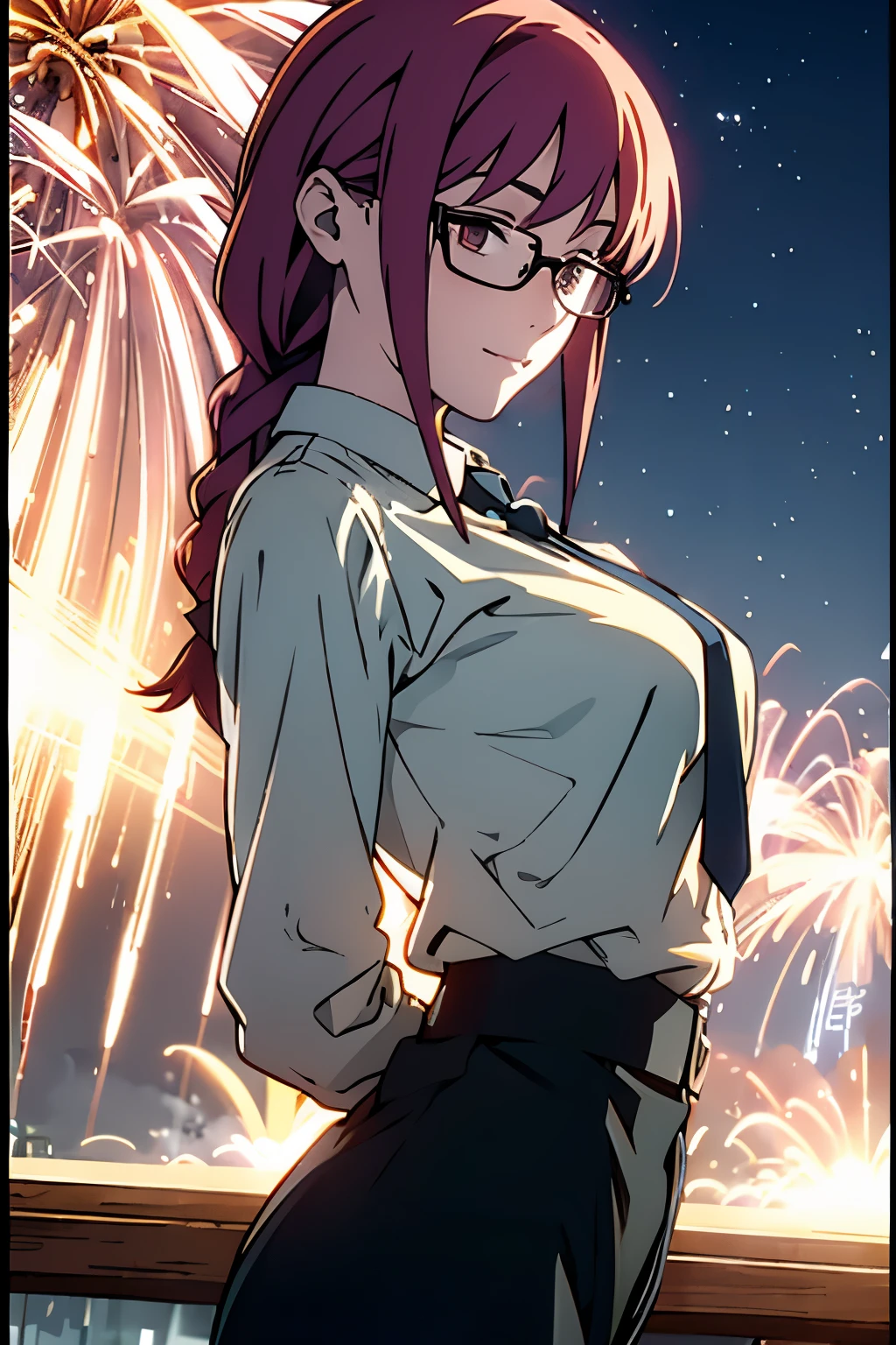 (masterpiece, best quality, high resolution, animescreencap, anime colored,), (perfect anatomy, beautiful detailed eyes, beautiful detailed body, beautiful breast, shiny skin), 1girl, red hair, side bangs, braided ponytail, medium breasts, smiling,red eyes, ringed eyes,looking at viewer, blushing,,chinese new year background, fireworks, bright lights, night time, eyeglasses, white long sleeves, black necktie, tuck in, black pants