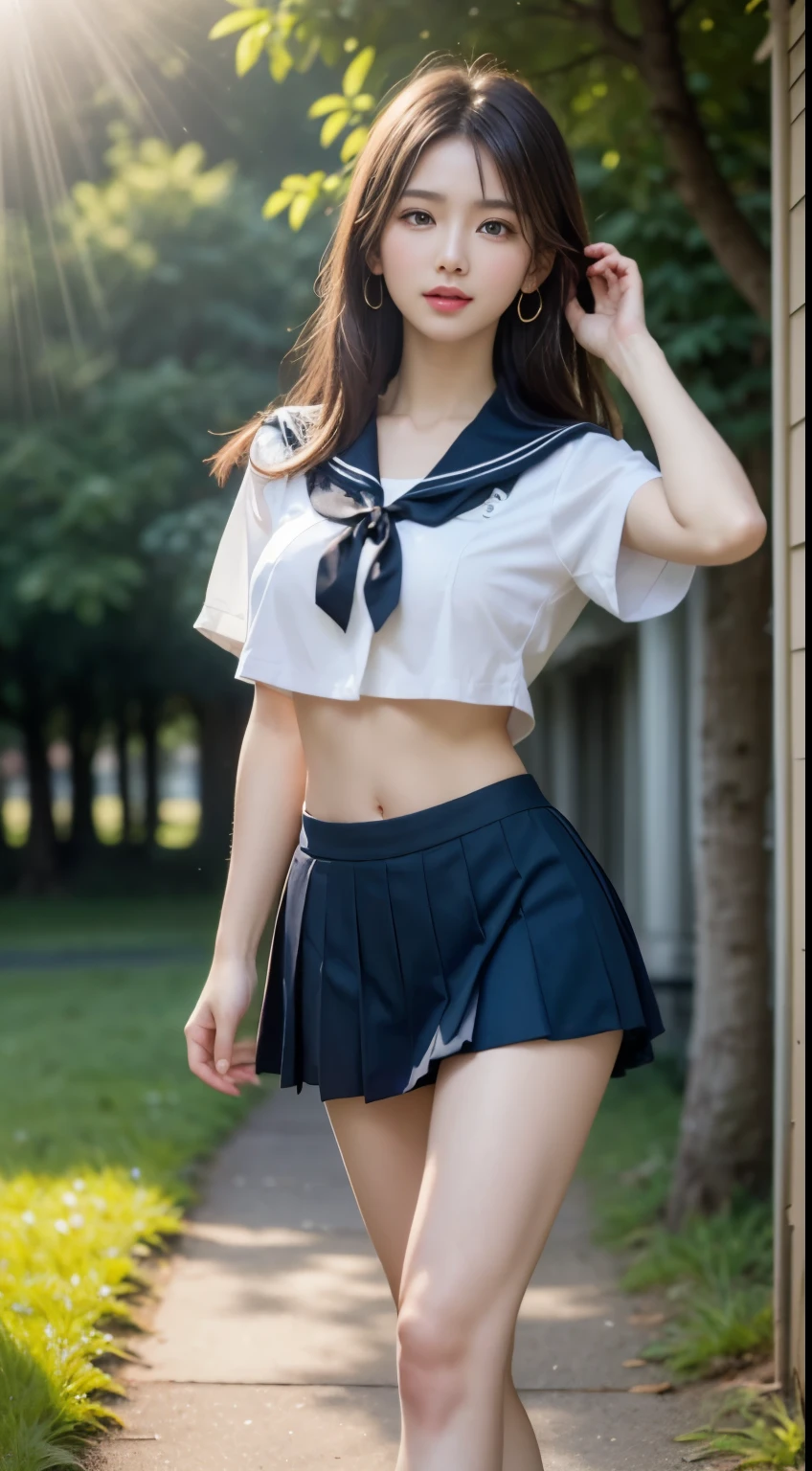 (highest quality:1.4), (hyper quality), (Super detailedな), 1 beautiful girl, (group of female high school students:1.3), Super cute, wonderful face and eyes, (Short-sleeved sailor suit made of thin white fabric), (The light blue pleated miniskirt has a low rise.:1.2), (Beautiful and incredibly big breasts:1.3), (The shape of the nipple protrusions through the uniform:1.4), (uniform is not exposed:1.2), (The fabric of the uniform is thin and the shape of her chest is clearly visible.:1.3), Realistic uniform wrinkles, (red ribbon:1.1), (underboob:1.1), (slender body:1.1), (slender and long beautiful legs), (thin waist), real skin texture, crystal clear very white skin, (bangs:1.2), earrings, Transparent Lip, (Don&#39;t look at me, look ahead), beautiful goddess advent, beautiful background, golden ratio, conceptual art, Super detailed, Accurate, advanced details, (walk along a path surrounded by fields:1.2), My chest sways, Super close, sexy art, (Under the summer sun), bright light, Super delicate illustration details, Highly detailed CG integrated 8k wallpaper, RAW photo, professional photos, cinematic lighting, Depth of the bounds written, No bra, (The nipple protrusions push up the uniform:1.2), cropped tops, High heels on bare feet, (stretch your back, stick out your butt)