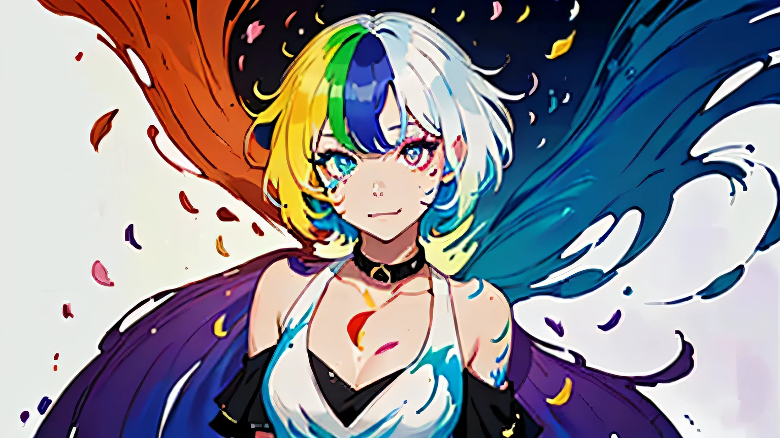 (Colorful hair: 1.8), (all colors of the rainbow: 1.8),(((((Vertical painting：1.6))), （Painting：1.6），Front, Comics, Illustrations, painting of a, largeeyes, Crystal clear eyes,（ rainbow color gradient high ponytail：1.7）, Exquisite makeup, smile face,(Small Fresh: 1.5),(Wipe Chest: 1.6) ，Long eyelashes, white off-the-shoulder T-shirt, White Shoulder Shirt，staring towards the viewer, watery big eyes, (Rainbow-colored hair：1.6), dynamic pose, colored splashing, （Solo：1.8）, colored splashing, Color explosion, Thick Paint Style, Messy lines, ((Shining))，(Colorful), (Colorful), (Colorful), Colorful, Thick Paint Style, (Splash) (colored splashing), Vertical painting, Upper body, Paint splashes, Acrylic Pigment, Gradient, Paint, Highest image quality, Highest quality, masutepiece, Solo, depth of fields, facepaint, multicolored clothing, (elegant: 1.2), Gorgeous,Long hair, Wind, (elegant: 1.3), (Flower petals: 1.4)，(((masutepiece))),(((Best quality))),((Ultra-detailed)),(illustration),(Dynamic Angle),((Floating)),(Paint),((Disheveled hair)),(Solo),(1girl in) , (((Detailed anima face))),((beautifull detailed face)),Collar,Bare shoulders,White hair, ((Colorful hair)),((striated hair)),Beautiful detailed eyes,(Gradient color eyes),(((Colorful eyes))),(((Colorful background))),(((High color saturation))),(((Surrounded by colorful splashes))), big breast