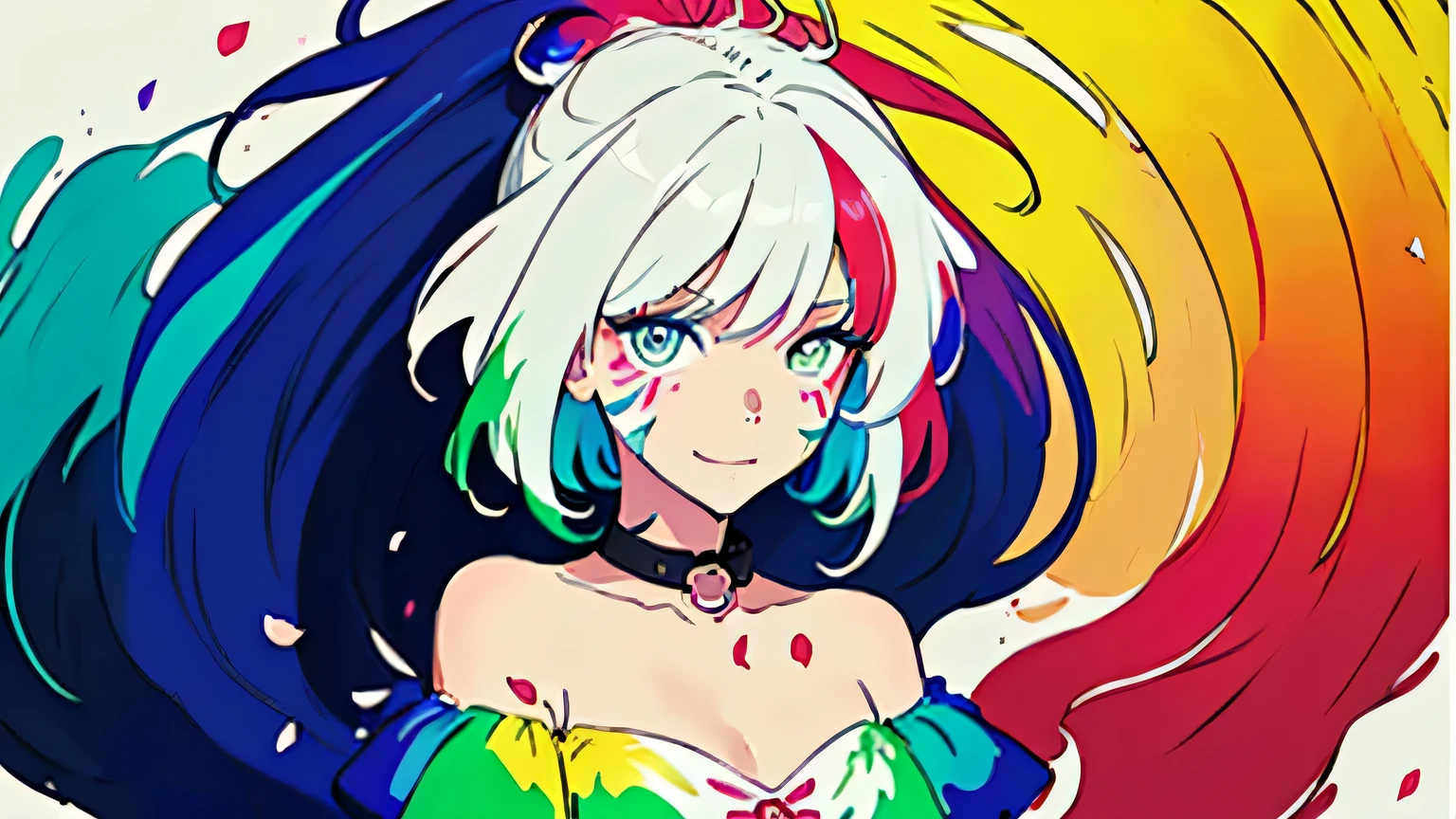 (Colorful hair: 1.8), (all colors of the rainbow: 1.8),(((((Vertical painting：1.6))), （Painting：1.6），Front, Comics, Illustrations, painting of a, largeeyes, Crystal clear eyes,（ rainbow color gradient high ponytail：1.7）, Exquisite makeup, smile face,(Small Fresh: 1.5),(Wipe Chest: 1.6) ，Long eyelashes, white off-the-shoulder T-shirt, White Shoulder Shirt，staring towards the viewer, watery big eyes, (Rainbow-colored hair：1.6), dynamic pose, colored splashing, （Solo：1.8）, colored splashing, Color explosion, Thick Paint Style, Messy lines, ((Shining))，(Colorful), (Colorful), (Colorful), Colorful, Thick Paint Style, (Splash) (colored splashing), Vertical painting, Upper body, Paint splashes, Acrylic Pigment, Gradient, Paint, Highest image quality, Highest quality, masutepiece, Solo, depth of fields, facepaint, multicolored clothing, (elegant: 1.2), Gorgeous,Long hair, Wind, (elegant: 1.3), (Flower petals: 1.4)，(((masutepiece))),(((Best quality))),((Ultra-detailed)),(illustration),(Dynamic Angle),((Floating)),(Paint),((Disheveled hair)),(Solo),(1girl in) , (((Detailed anima face))),((beautifull detailed face)),Collar,Bare shoulders,White hair, ((Colorful hair)),((striated hair)),Beautiful detailed eyes,(Gradient color eyes),(((Colorful eyes))),(((Colorful background))),(((High color saturation))),(((Surrounded by colorful splashes))), big breast