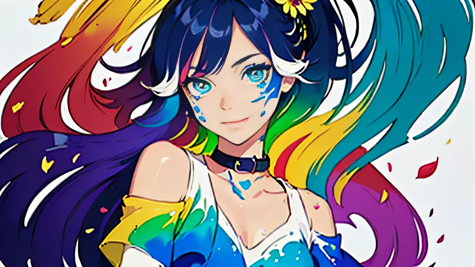 (Colorful hair: 1.8), (all colors of the rainbow: 1.8),(((((Vertical painting:1.6))), (Painting:1.6),Front, Comics, Illustrations, painting of a, largeeyes, Crystal clear eyes,( rainbow color gradient high ponytail:1.7), Exquisite makeup, smile face,(Small Fresh: 1.5),(Wipe Chest: 1.6) ,Long eyelashes, white off-the-shoulder T-shirt, White Shoulder Shirt,staring towards the viewer, watery big eyes, (Rainbow-colored hair:1.6), colored splashing, (Solo:1.8), colored splashing, Color explosion, Thick Paint Style, Messy lines, ((Shining)),(Colorful), (Colorful), (Colorful), Colorful, beautiful color gradient shading, Thick Paint Style, (Splash) (colored splashing), Vertical painting, Upper body, Paint splashes, Acrylic Pigment, Gradient, Paint, Highest image quality, Highest quality, masutepiece, Solo, depth of fields, facepaint, multicolored clothing, (elegant: 1.2), Gorgeous,Long hair, Wind, (elegant: 1.3), (Flower petals: 1.4),(((masutepiece))),(((Best quality))),((Ultra-detailed)),(illustration),(Dynamic Angle),((Floating)),(Paint),((Disheveled hair)),(Solo),(1girl in) , (((Detailed anima face))),((beautifull detailed face)),Collar,Bare shoulders,White hair, ((Colorful hair)),((striated hair)),Beautiful detailed eyes,(Gradient color eyes),(((Colorful eyes))),(((Colorful background))),(((High color saturation))),(((Surrounded by colorful splashes))), big breast