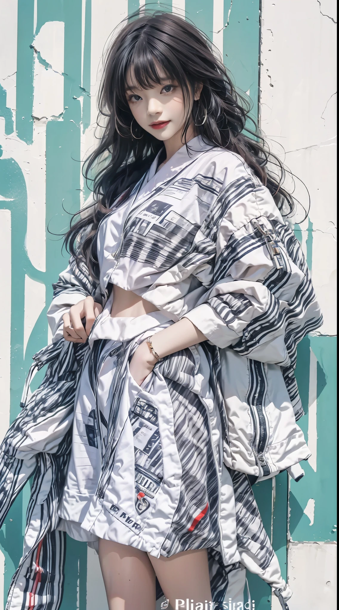 Kizi, Sexy, fully body photo，shoe，Handsome movements，long whitr hair，ssmile，Sideways photo，Colorful color scheme，Trendy clothing，Leave white space above the image，Columnar patch background，Geometric pattern stitching background