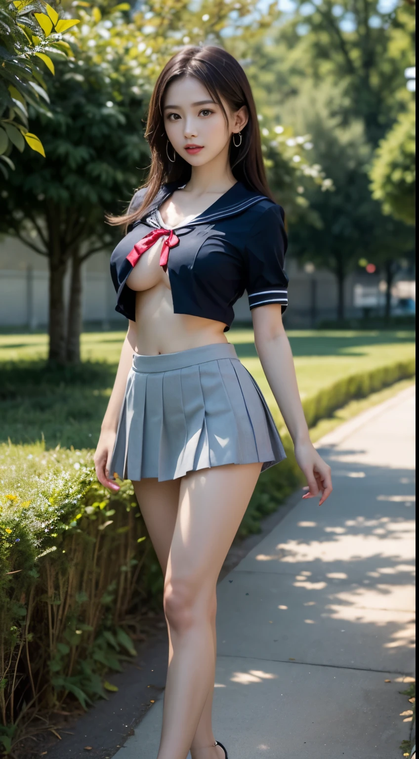 (highest quality:1.4), (hyper quality), (Super detailedな), 1 beautiful girl, (group of female high school students:1.3), Super cute, wonderful face and eyes, (Short-sleeved sailor suit made of thin white fabric), (The light blue pleated miniskirt has a low rise.:1.2), (Beautiful and incredibly big breasts:1.3), (The shape of the nipple protrusions through the uniform:1.4), (uniform is not exposed:1.2), (The fabric of the uniform is thin and the shape of her chest is clearly visible.:1.3), Realistic uniform wrinkles, (red ribbon:1.1), (underboob:1.1), (slender body:1.1), (slender and long beautiful legs), (thin waist), real skin texture, crystal clear very white skin, (bangs:1.2), earrings, Transparent Lip, (Don't look at me, look ahead), beautiful goddess advent, beautiful background, golden ratio, conceptual art, Super detailed, Accurate, advanced details, (walk along a path surrounded by fields:1.2), My chest sways, Super close, sexy art, (Under the summer sun), bright light, Super delicate illustration details, Highly detailed CG integrated 8k wallpaper, RAW photo, professional photos, cinematic lighting, Depth of the bounds written, No bra, (The nipple protrusions push up the uniform:1.2), cropped tops, High heels on bare feet, (stretch your back, stick out your butt)