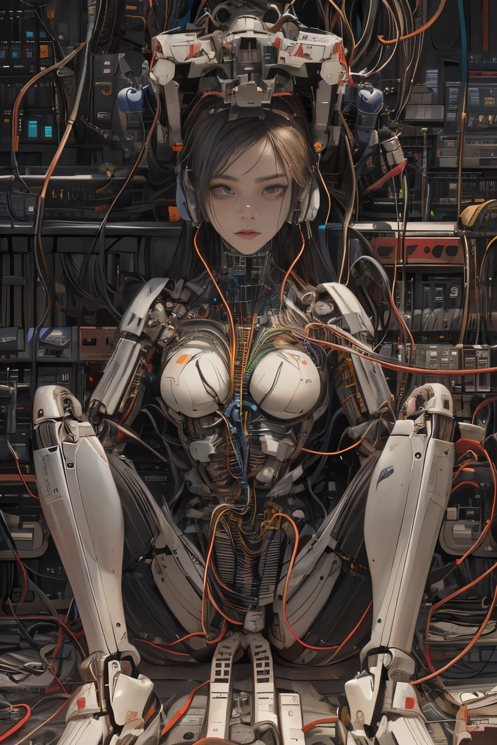 (((masterpiece))), (((best quality))), ((ultra-detailed)), (highly detailed CG illustration), ((an extremely delicate and beautiful)),(cute delicate face),cinematic light,((1mechanical girl)),solo,full body,(machine made joints:1.4),((machanical limbs)),(blood vessels connected to tubes),((mechanical vertebra attaching to back)),((mechanical cervial attaching to neck)),((sitting)),expressionless,(wires and cables attaching to head and body:1.5),(character focus),science fiction, broken machine, anime style, broken tubes, broken technology, greasy