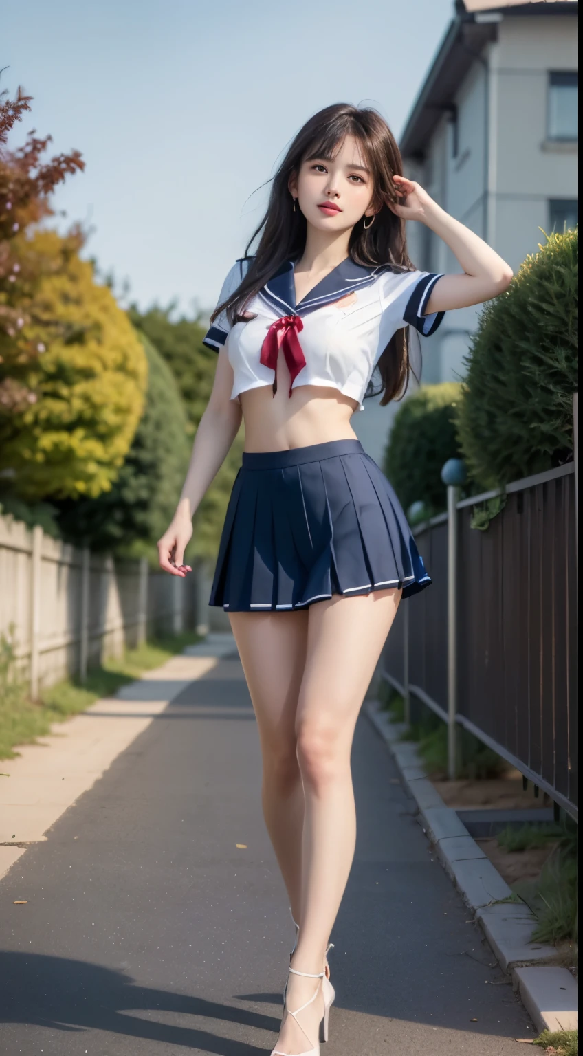 (highest quality:1.4), (hyper quality), (Super detailedな), 1 beautiful girl, (group of female high school students:1.3), Super cute, wonderful face and eyes, (Short-sleeved sailor suit made of thin white fabric), (The light blue pleated miniskirt has a low rise.:1.2), (Beautiful and incredibly big breasts:1.3), (The shape of the nipple protrusions through the uniform:1.4), (uniform is not exposed:1.2), (The fabric of the uniform is thin and the shape of her chest is clearly visible.:1.3), Realistic uniform wrinkles, (red ribbon:1.1), (underboob:1.1), (slender body:1.1), (slender and long beautiful legs), (thin waist), real skin texture, crystal clear very white skin, (bangs:1.2), earrings, Transparent Lip, (Don't look at me, look ahead), beautiful goddess advent, beautiful background, golden ratio, conceptual art, Super detailed, Accurate, advanced details, (walk along a path surrounded by fields:1.2), My chest sways, Super close, sexy art, (Under the summer sun), bright light, Super delicate illustration details, Highly detailed CG integrated 8k wallpaper, RAW photo, professional photos, cinematic lighting, Depth of the bounds written, No bra, (The nipple protrusions push up the uniform:1.2), cropped tops, High heels on bare feet, (stretch your back, stick out your butt)