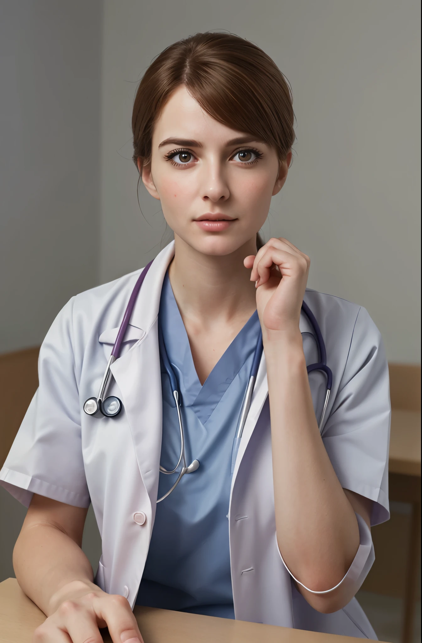 masterpiece, best quality, extremely detailed, hyperrealistic, photorealistic, a beautiful french doctor, doctor uniform, one hand up, elbows on table, placing her hand on her cheek, hospital:1.1, ultra detailed face
