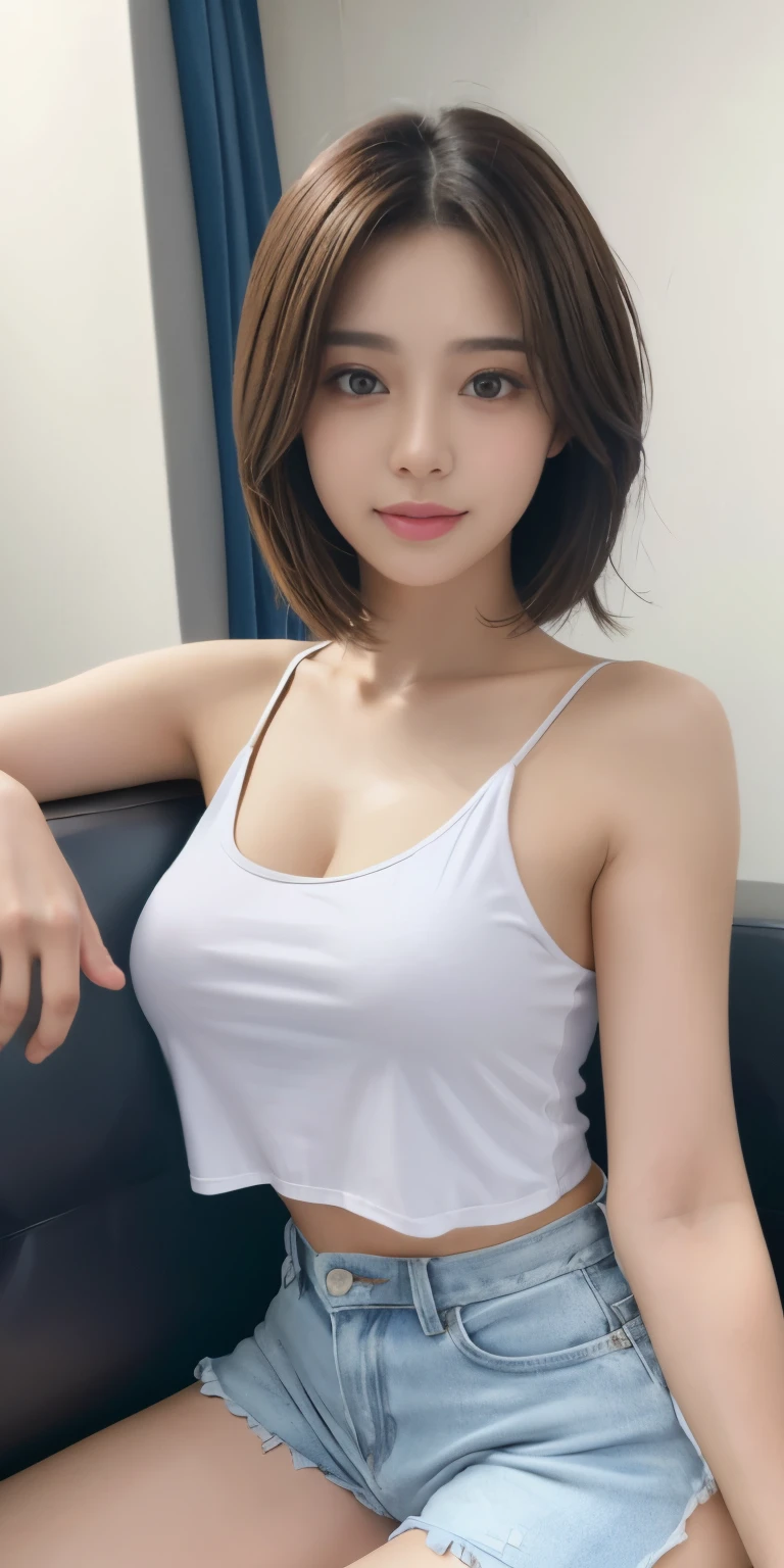 Photoreal、Masseter muscle part、highest quality、High resolution、RAW photo、realistic、bright lighting、face light、smooth professional lighting、japanese woman、Beautiful woman、modeled、gravure、sexy、super beautiful、realistic and beautiful skin、beautiful and detailed eyes、detailed face、slim、big breasts、short hair、brunette colored hair、brown eyes、looking at camera、white tank top、shorts、pose for a photo