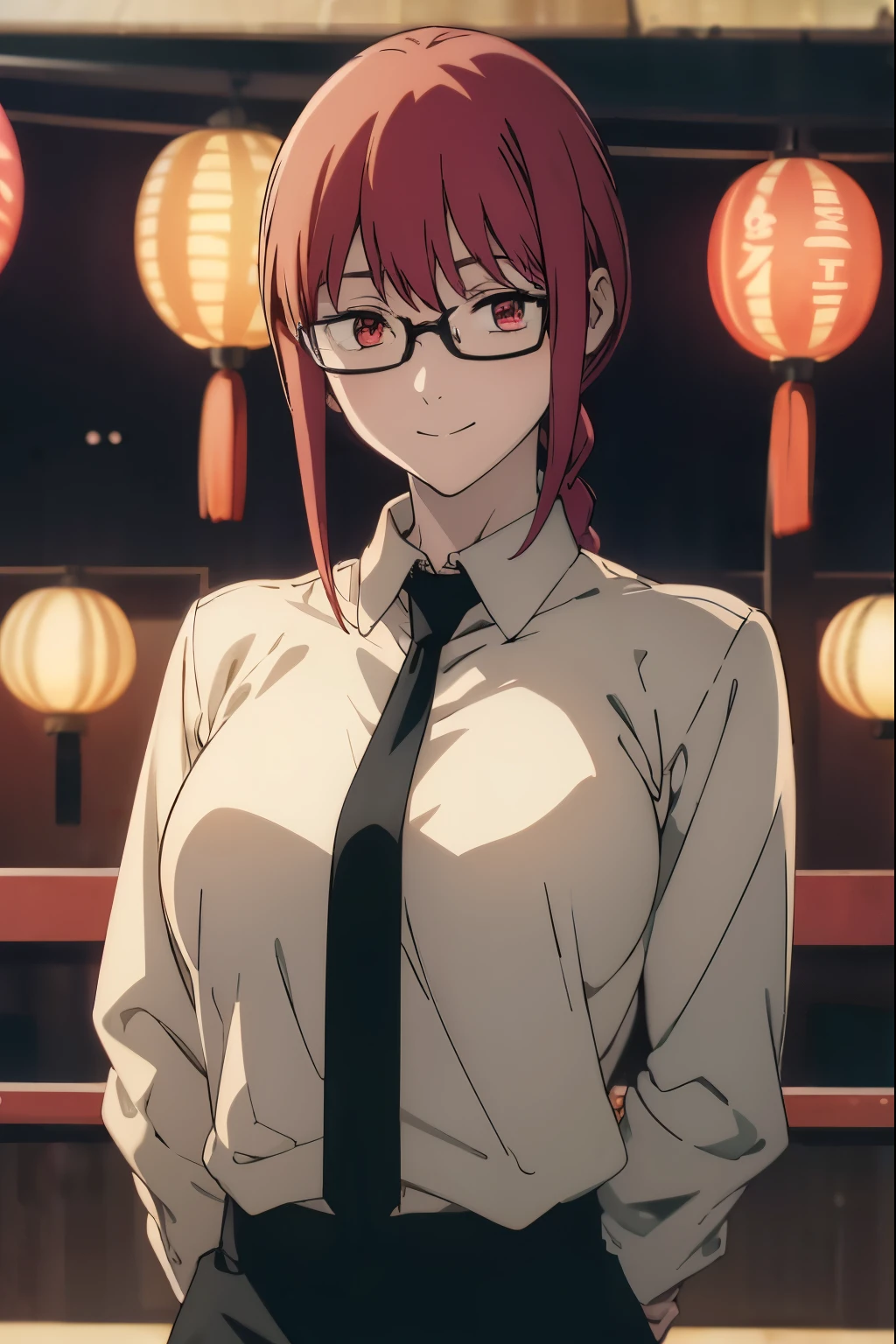 (masterpiece, best quality, high resolution, animescreencap, anime colored,), (perfect anatomy, beautiful detailed eyes, beautiful detailed body, beautiful breast, shiny skin), 1girl, red hair, side bangs, braided ponytail, medium breasts, smiling,red eyes, ringed eyes,looking at viewer, blushing,,chinese new year background, fireworks, bright lights, night time, eyeglasses, white long sleeves, black necktie, tuck in, black pants