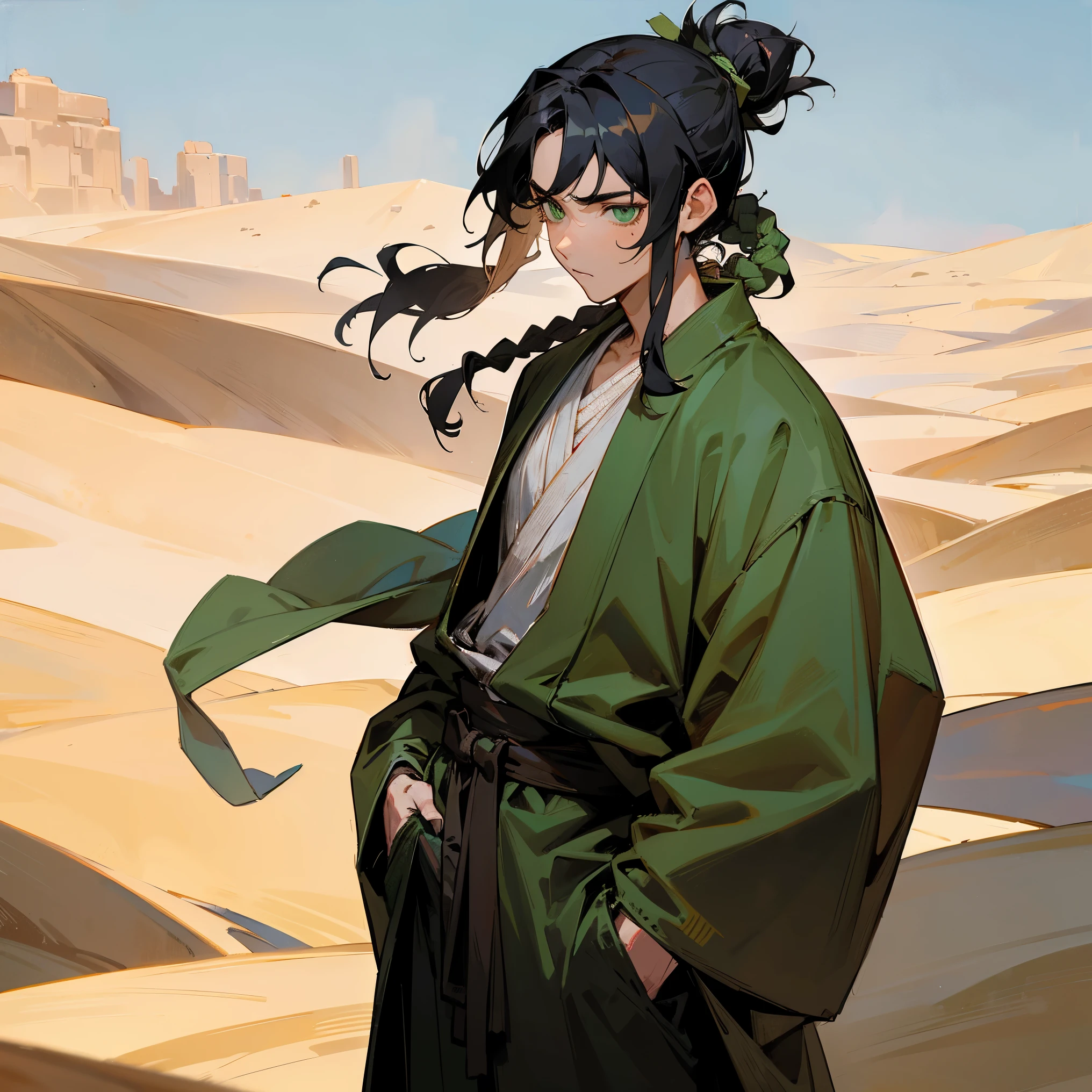 1male, adult, finely detailed green eyes, medium wavy hair with braided man bun, black hair color, jedi robe, poncho, bandages wrapped around arms, bandolier across chest, standing with hands in pocket, standing on desert trail, oasis