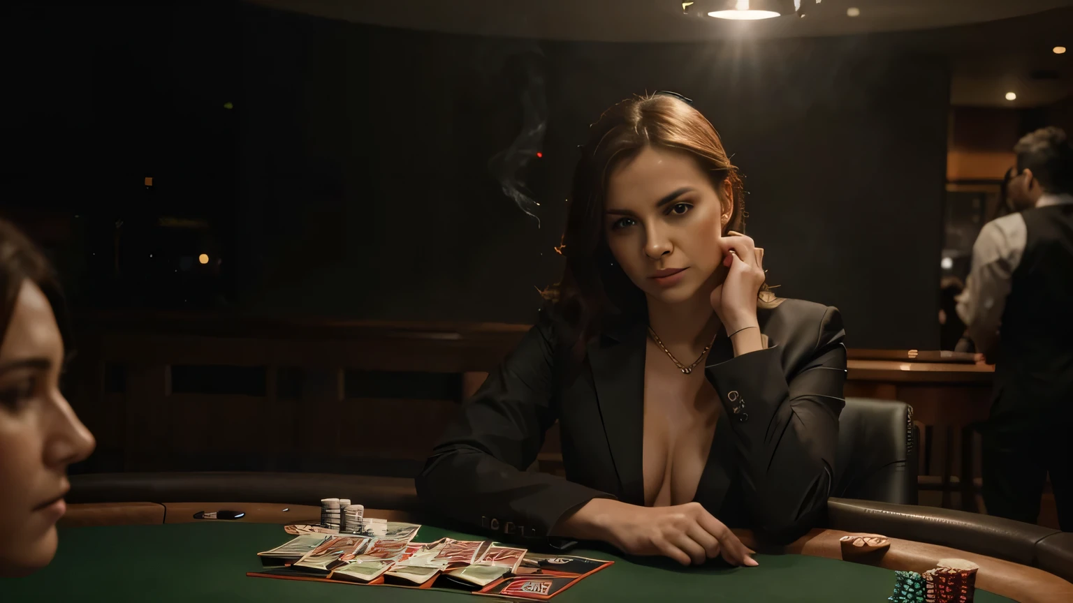#emma, ultra hi-res, photo realistic,/ an attractive and confident woman wearing red sitting at a high-stakes poker table, poised with a hand of cards, wearing a sophisticated black suit, her expression focused and calculating, a glass of whiskey on the rocks by her side, poker chips in front, dramatic backlighting creating a halo effect, smoke swirling in the background, the atmosphere charged with tension
