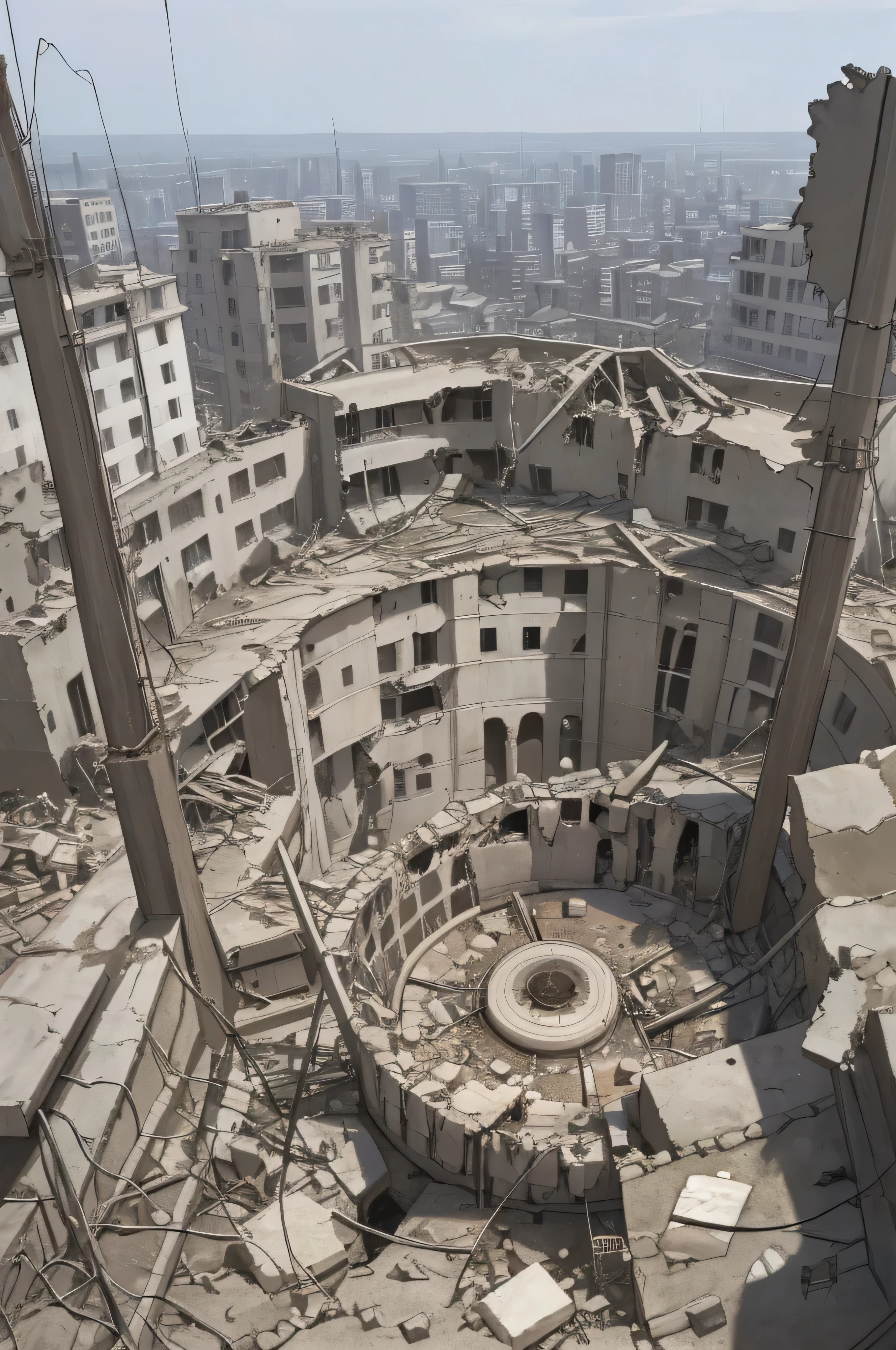 ruins of a bombed city, smoldering crater, exposed wires