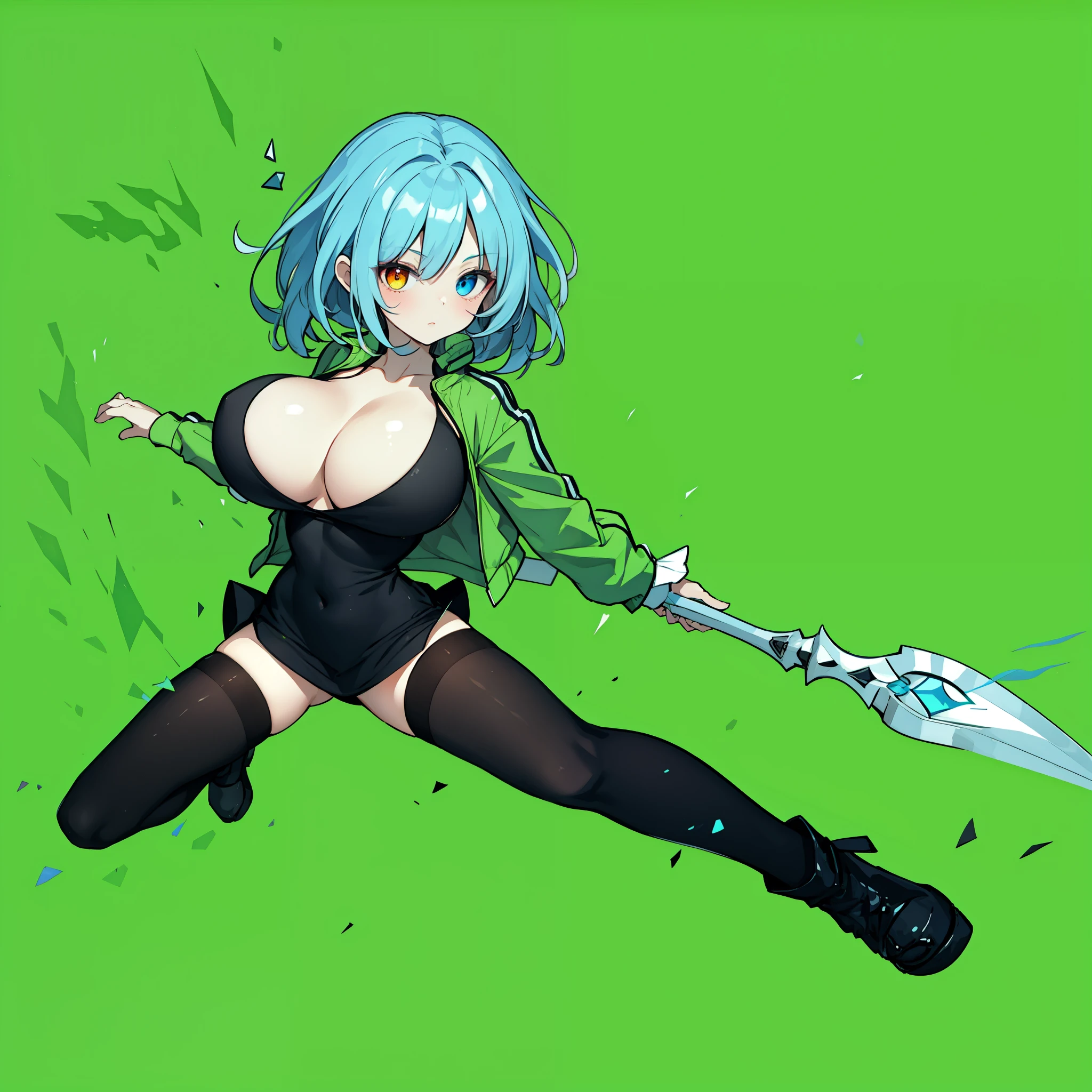 1 skinny girl, solo, light blue hair, red and purple heterochromia, bending back, looking at viewer, BREAK, black plunging neckline short dress, dark yellow cropped jacket, black thighhighs, BREAK, (bouncing unaligned huge breasts:1.2), cleavage, very short torso, (inconceivably narrow waist), thin long legs, BREAK , holding a spear, BREAK, nsfw, crotch