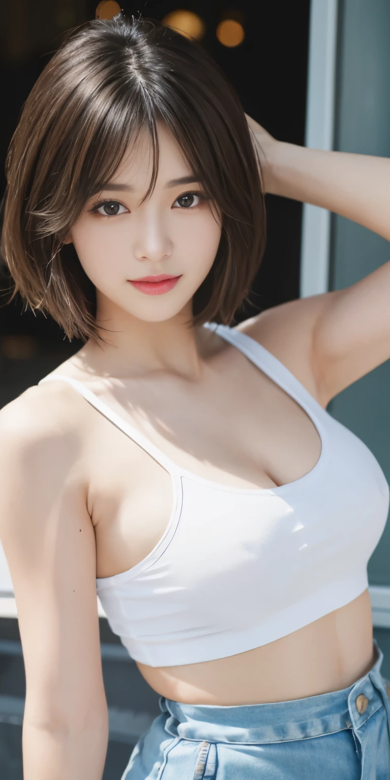 Photoreal、Masseter muscle part、highest quality、High resolution、RAW photo、realistic、bright lighting、face light、smooth professional lighting、japanese woman、Beautiful woman、modeled、gravure、sexy、super beautiful、realistic and beautiful skin、beautiful and detailed eyes、detailed face、slim、big breasts、short hair、brunette colored hair、brown eyes、looking at camera、white tank top、shorts、pose for a photo、mini skirt