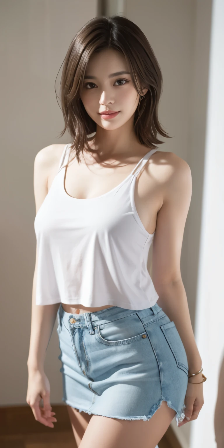 Photoreal、Masseter muscle part、highest quality、High resolution、RAW photo、realistic、bright lighting、face light、smooth professional lighting、japanese woman、Beautiful woman、modeled、gravure、sexy、super beautiful、realistic and beautiful skin、beautiful and detailed eyes、detailed face、slim、big breasts、short hair、brunette colored hair、brown eyes、looking at camera、white tank top、shorts、pose for a photo、mini skirt