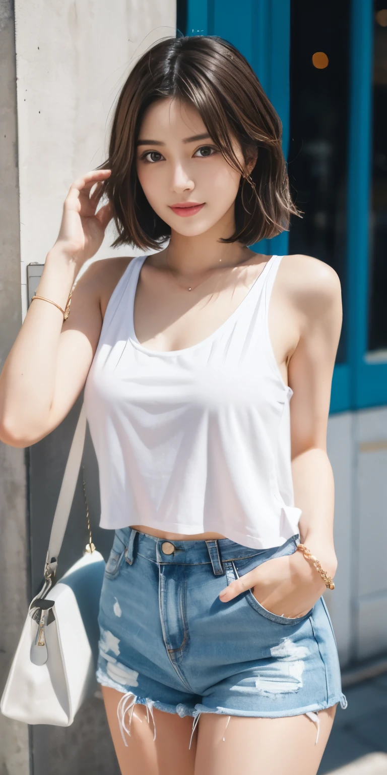 Photoreal、Masseter muscle part、highest quality、High resolution、RAW photo、realistic、bright lighting、face light、smooth professional lighting、japanese woman、Beautiful woman、modeled、gravure、sexy、super beautiful、realistic and beautiful skin、beautiful and detailed eyes、detailed face、slim、big breasts、short hair、brunette colored hair、brown eyes、looking at camera、white tank top、shorts、pose for a photo、mini skirt