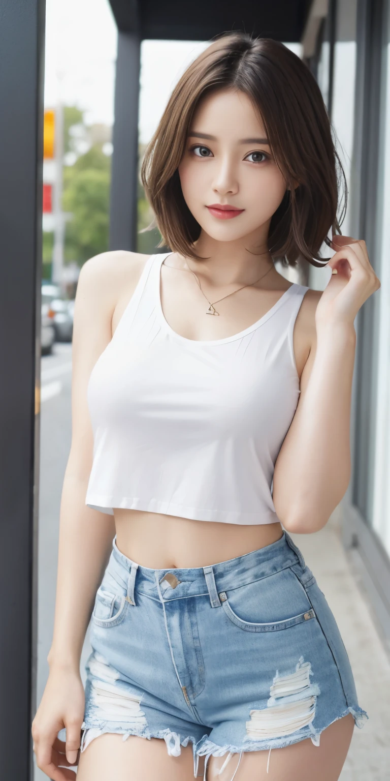 Photoreal、Masseter muscle part、highest quality、High resolution、RAW photo、realistic、bright lighting、face light、smooth professional lighting、japanese woman、Beautiful woman、modeled、gravure、sexy、super beautiful、realistic and beautiful skin、beautiful and detailed eyes、detailed face、slim、big breasts、short hair、brunette colored hair、brown eyes、looking at camera、white tank top、shorts、pose for a photo、mini skirt