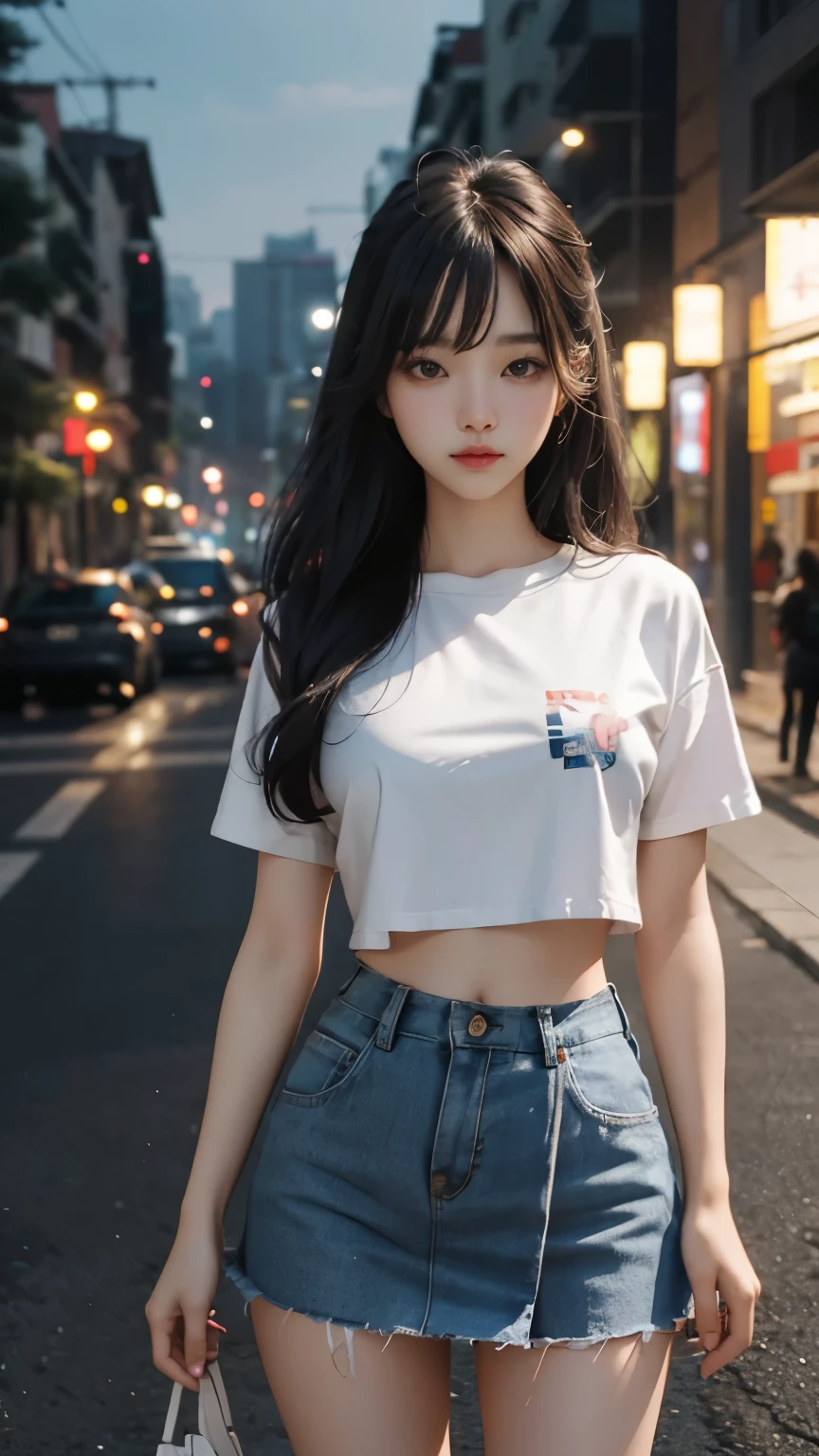 beautiful korean girl looks like 4D painting, 25 yo, (1 girl, standing) (view), straight parting hair, hair bang, hair pin, ideal tits, fitted t-shirts, stomach, mini skirt, legs, night, park background, vibrant colours, studio light, ultra detailed, gentle light, 3D animation