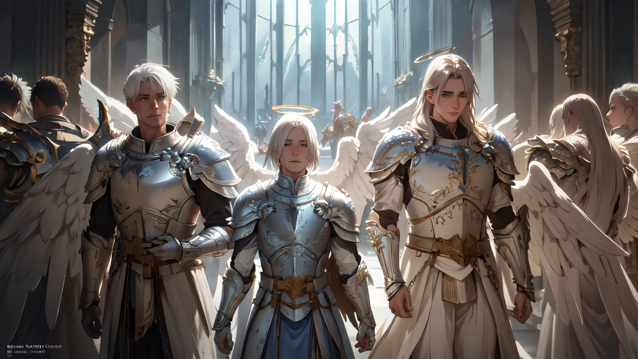 The Horde of Male Celestial Angels Descending from the Sky, crowd, male, many warriors, shiny armor, angel wings, halo, realistic epic, soft cinematic portrait, Adobe Lightroom, Photo Lab, highly detailed, faded, (neutral colors: 1.2), (HDR: 1.4), (soft colors:1.2), hyperdetailed, (Artstation:1.4), cinematic, warm lights, dramatic light, (intricate details:1.1), complex background, (Rutkowski:0.66), (blue and orange:0.4)