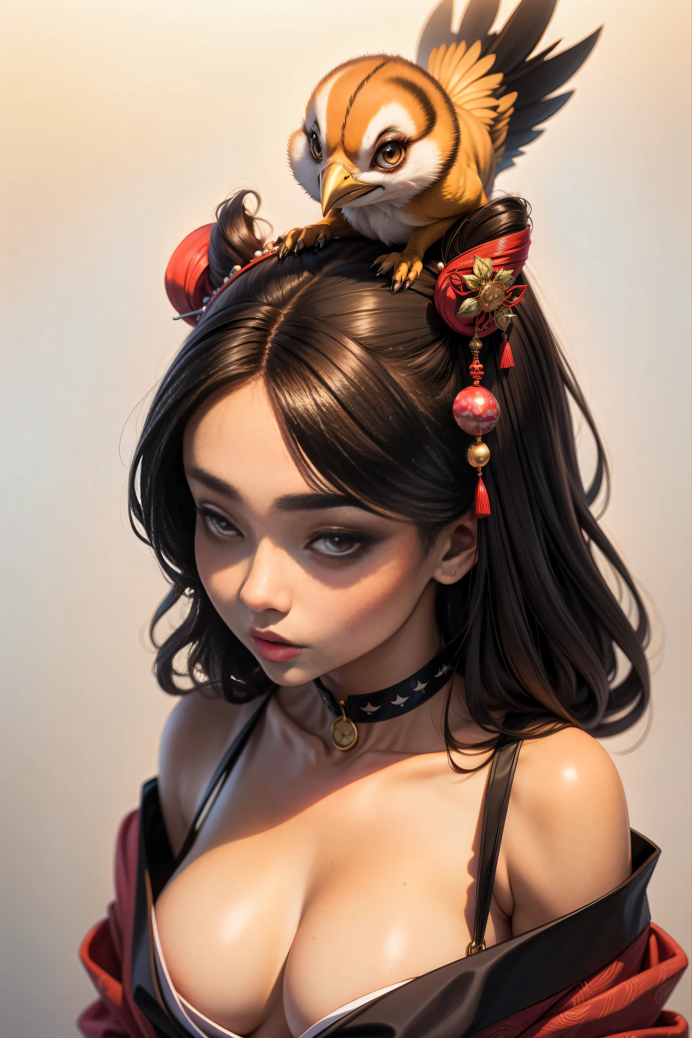 a drawing of a woman with a birb on her head, inspired by Kitagawa Utamaro, inspired by Kanō Takanobu, inspired by Audrey Kawasaki, inspired by Kanō Motonobu, geisha, inspired by Takato Yamamoto, inspired by Kelly McKernan, inspired by Harumi Hironaka, , art By Ray Shark